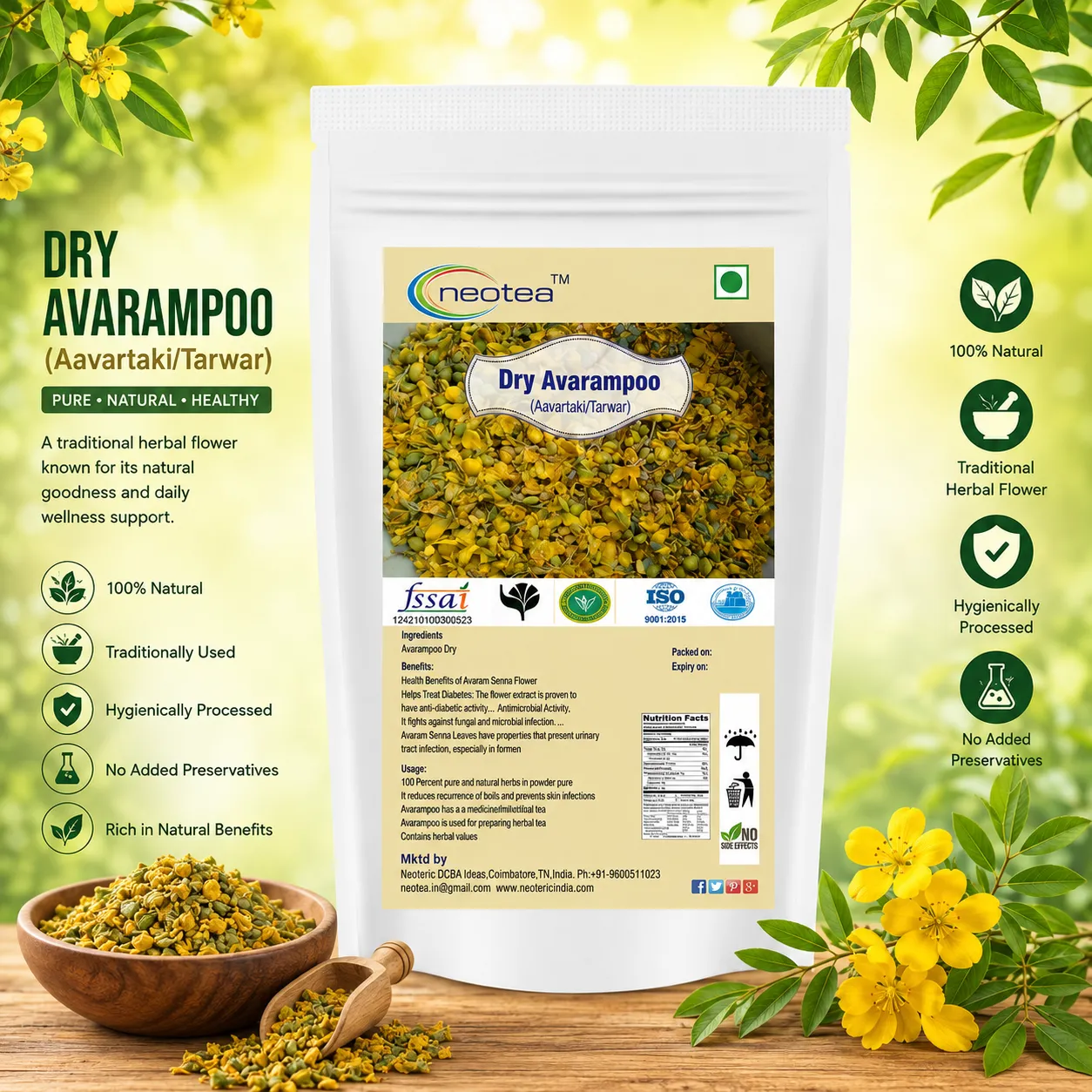 Neotea Dry Avarampoo Flower , Dried Senna Auriculata Flowers, Natural Herbal Ingredient, Traditional Herbal Tea & Beverage Preparation