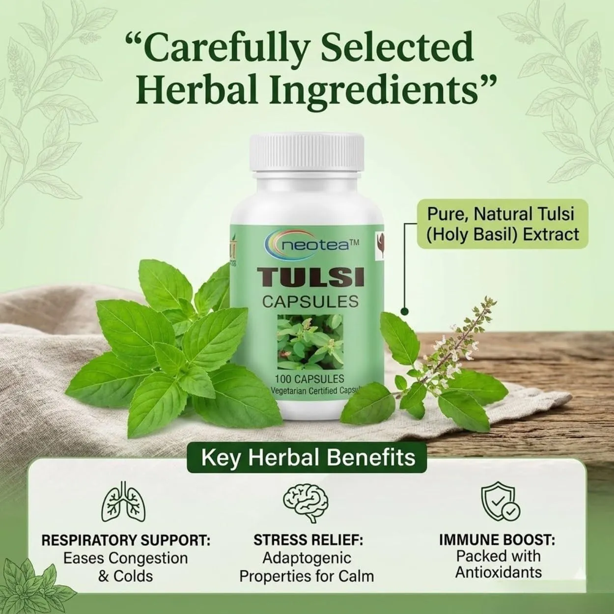 NEOTEA Tulsi Capsules 500 mg, 100 Capsules | Tulsi Herbal Supplement | Ocimum Sanctum | Easy-to-Use Vegetarian Capsules