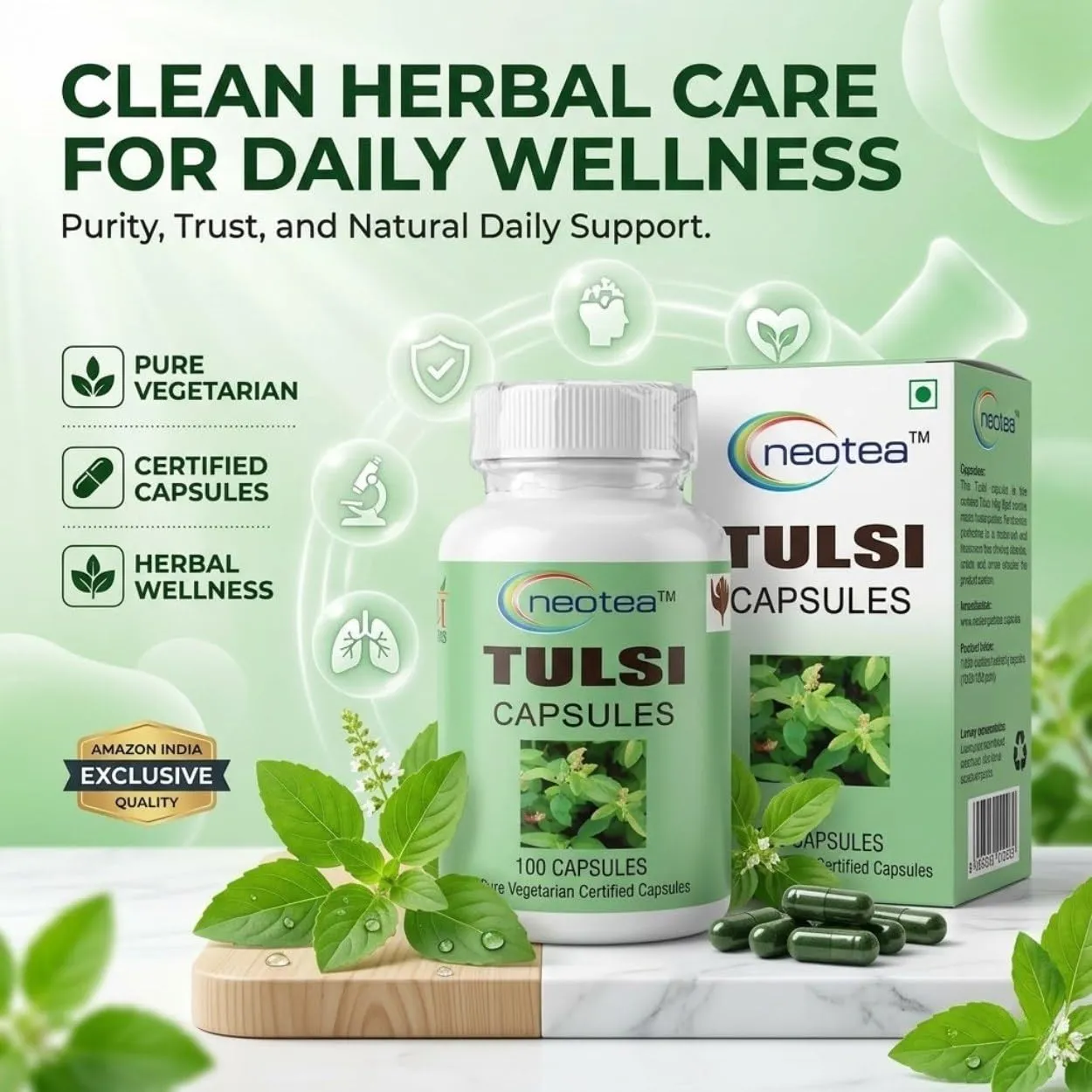 NEOTEA Tulsi Capsules 500 mg, 100 Capsules | Tulsi Herbal Supplement | Ocimum Sanctum | Easy-to-Use Vegetarian Capsules