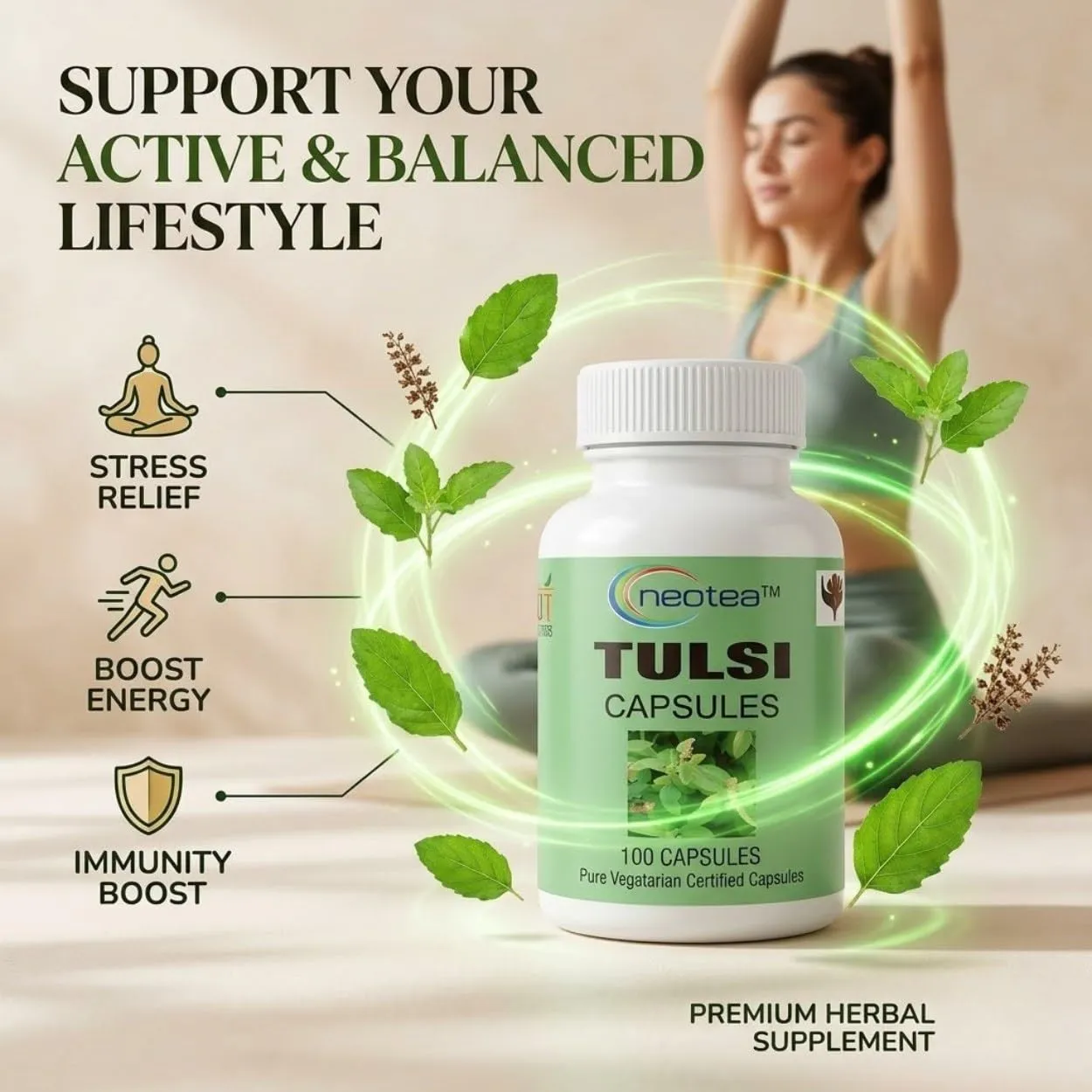 NEOTEA Tulsi Capsules 500 mg, 100 Capsules | Tulsi Herbal Supplement | Ocimum Sanctum | Easy-to-Use Vegetarian Capsules