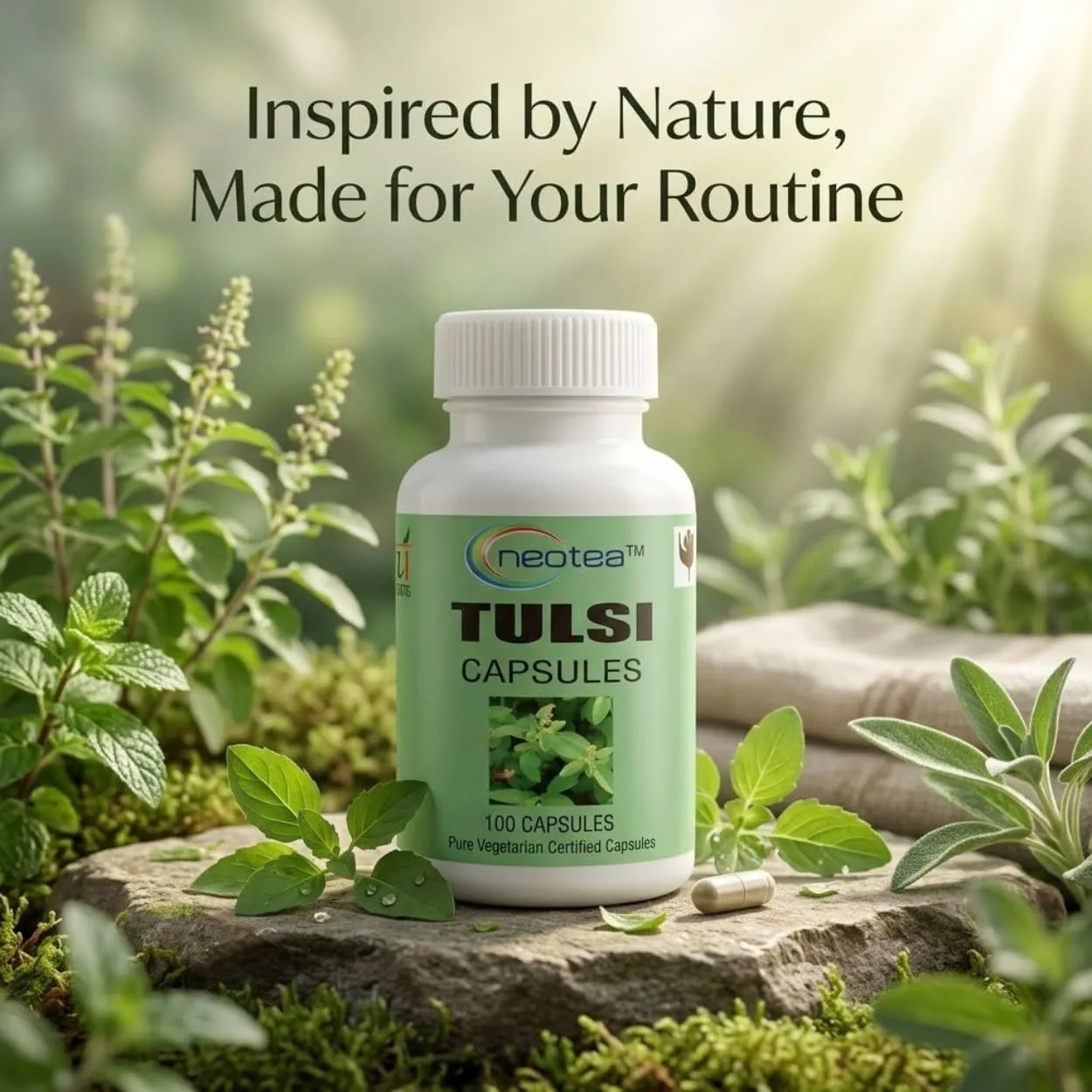 NEOTEA Tulsi Capsules 500 mg, 100 Capsules | Tulsi Herbal Supplement | Ocimum Sanctum | Easy-to-Use Vegetarian Capsules