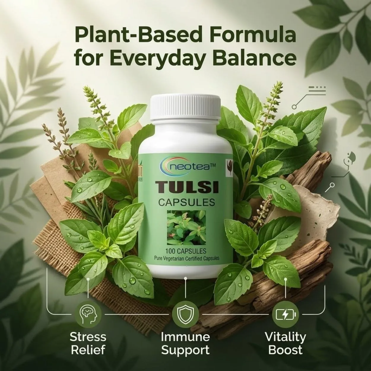 NEOTEA Tulsi Capsules 500 mg, 100 Capsules | Tulsi Herbal Supplement | Ocimum Sanctum | Easy-to-Use Vegetarian Capsules