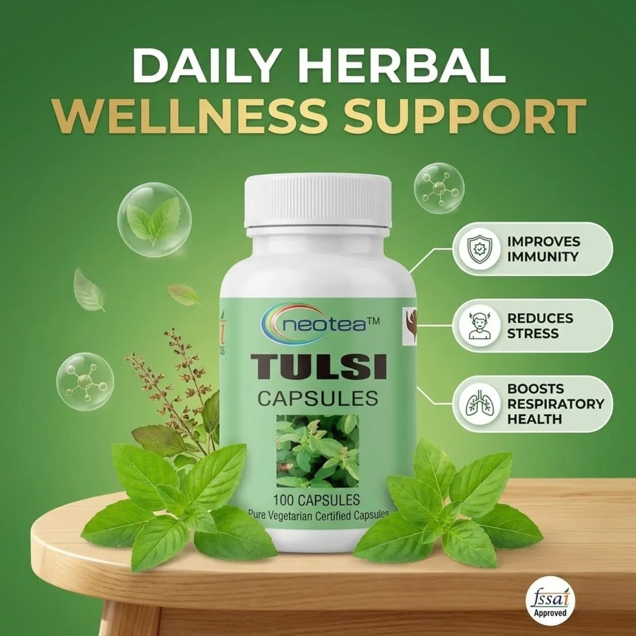 NEOTEA Tulsi Capsules 500 mg, 100 Capsules | Tulsi Herbal Supplement | Ocimum Sanctum | Easy-to-Use Vegetarian Capsules