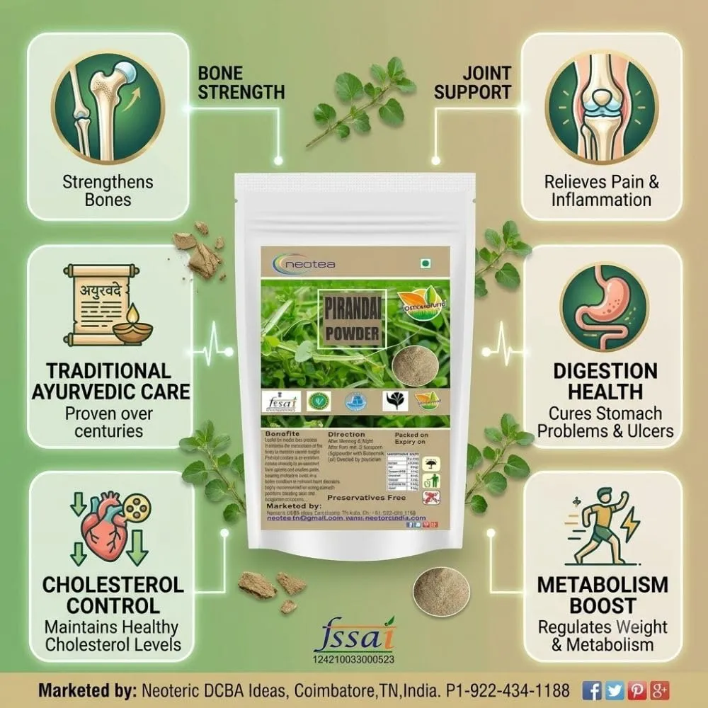 Pure Natural Pirandai Powder | Veldt Grape Powder | Supports Bone & Joint Health | Aid Digestion & Gut Wellness | Traditional Herbal Supplement for Men & Women | 100% Natural & Chemical-Free