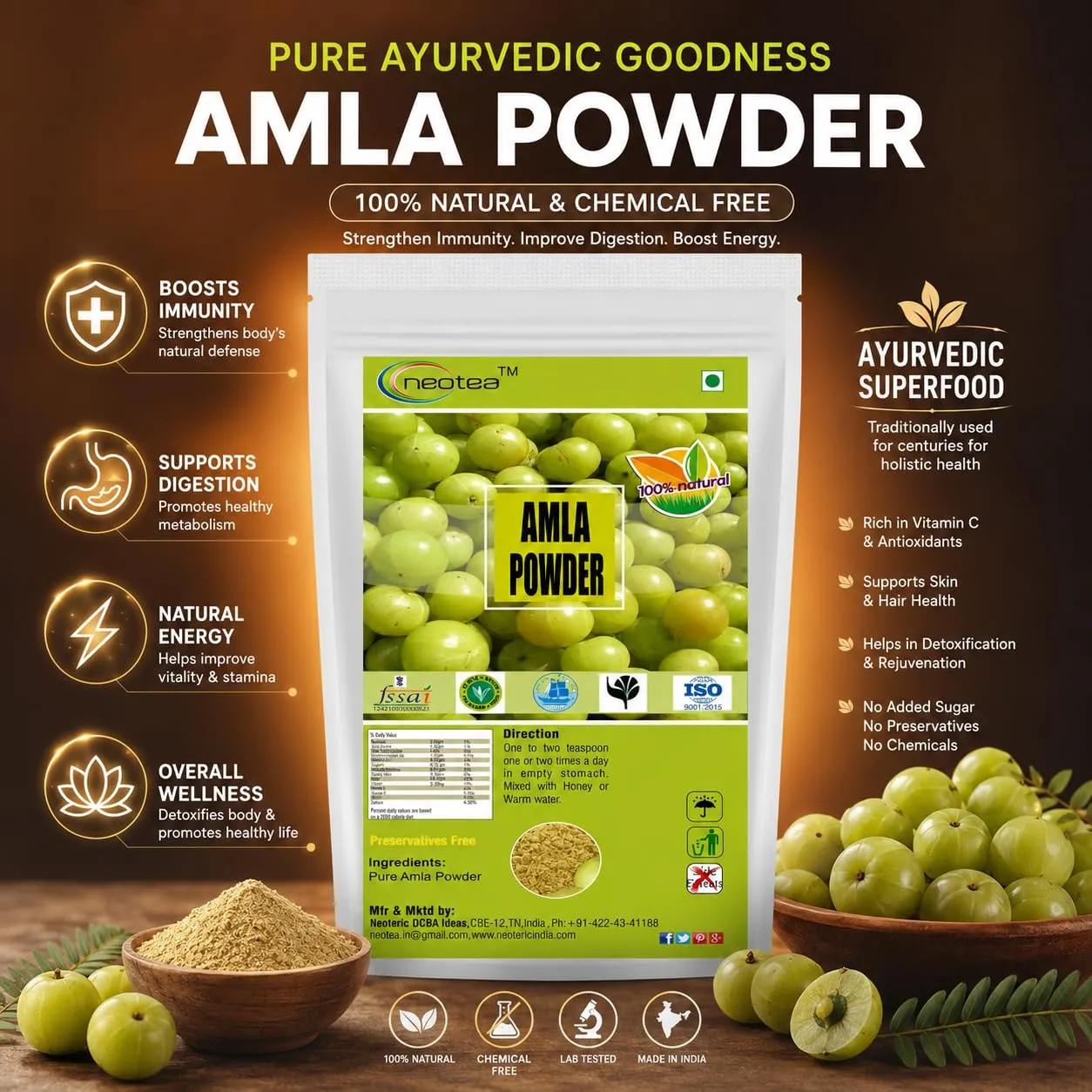Amla Powder 100% Natural Indian Gooseberry Powder, Pure Amla Fruit Powder for Daily Wellness, Rich in Naturally Occurring Nutrients, Traditional Ayurvedic Ingredient, 100% Vegetarian