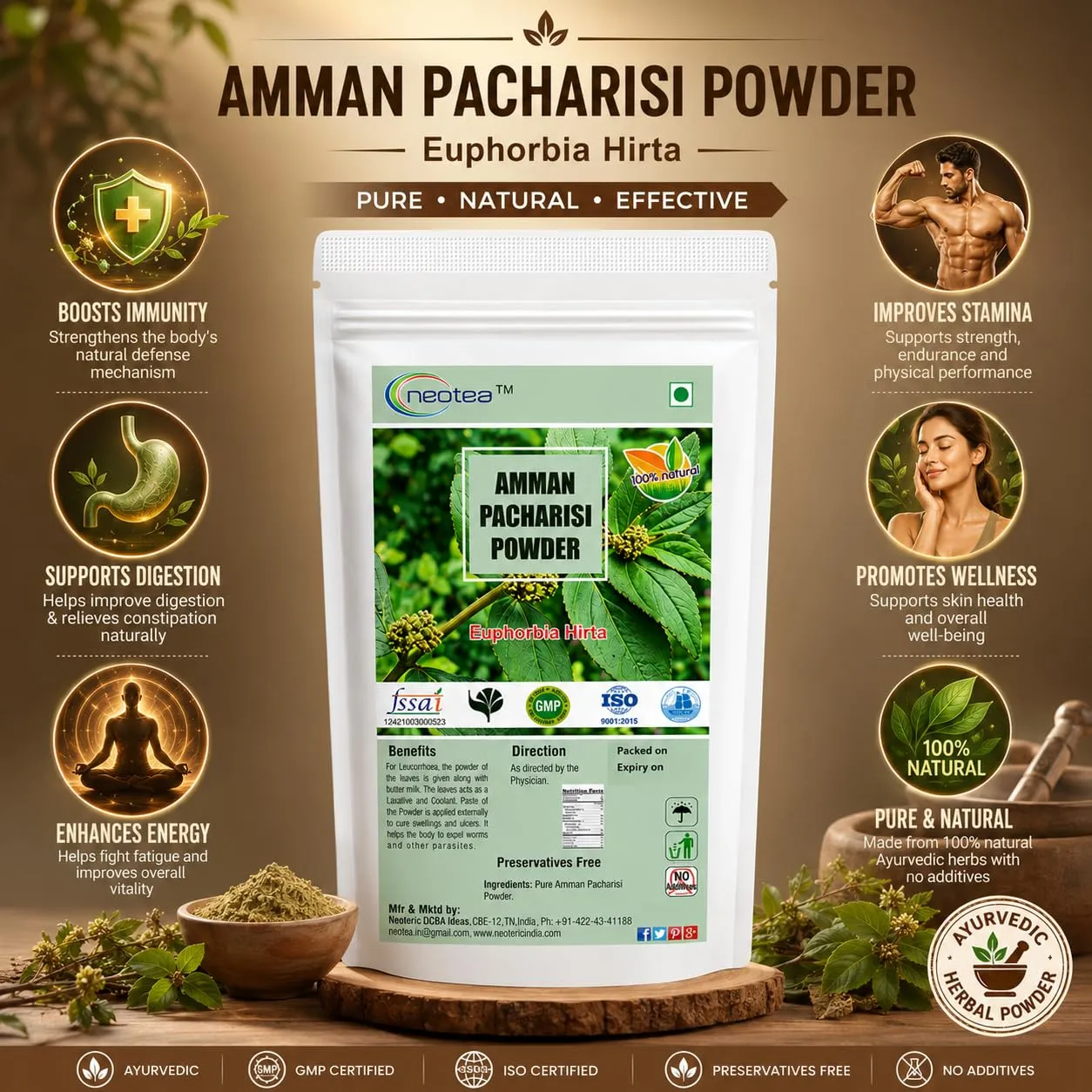 Amman Pacharisi Powder | Euphorbia Hirta Herbal Powder | 100% Natural Dried Herb Powder | Traditional Ayurvedic Herb | Plant-Based Wellness Ingredient