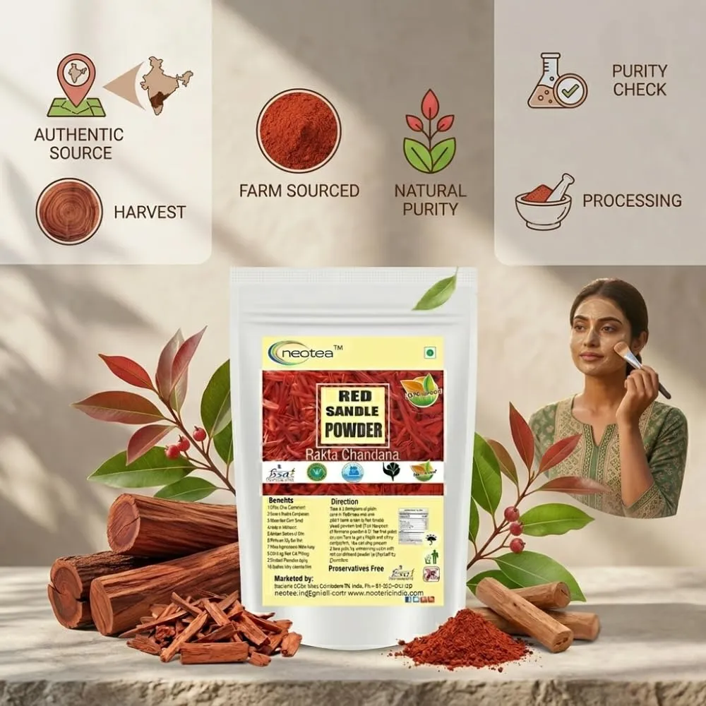 Red Sandalwood Powder for Face & Skin Care | 100% Natural Red Chandan Powder | Fine Ground Red Sandal Powder for DIY Face Packs, Beauty Care, Personal Care & Traditional Indian Beauty Rituals | Premium Quality Botanical Powder