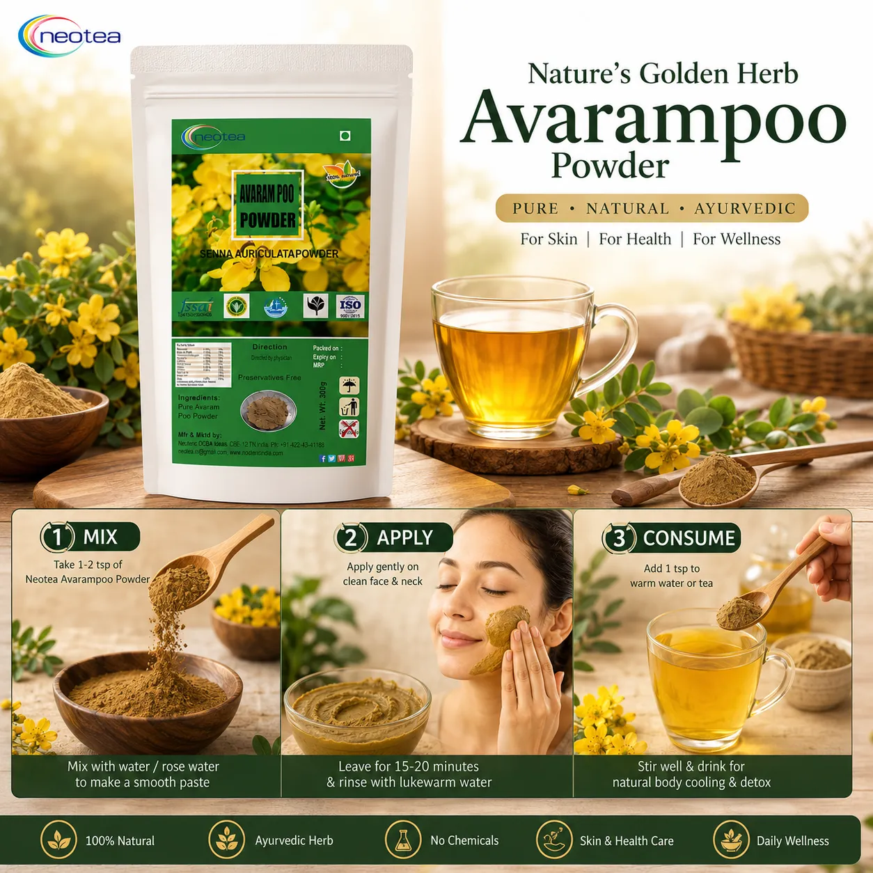 Avarampoo Powder 100% Natural Cassia Auriculata Flower Powder | Traditional Herbal Ingredient for Skin & Personal Care | Fine Herbal Powder | No Added Preservatives