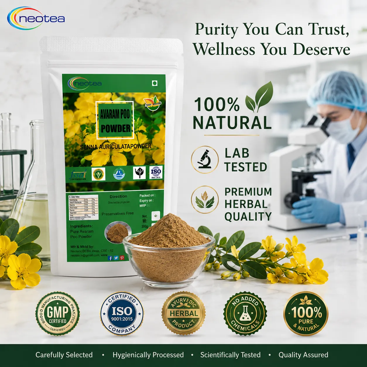 Avarampoo Powder 100% Natural Cassia Auriculata Flower Powder | Traditional Herbal Ingredient for Skin & Personal Care | Fine Herbal Powder | No Added Preservatives