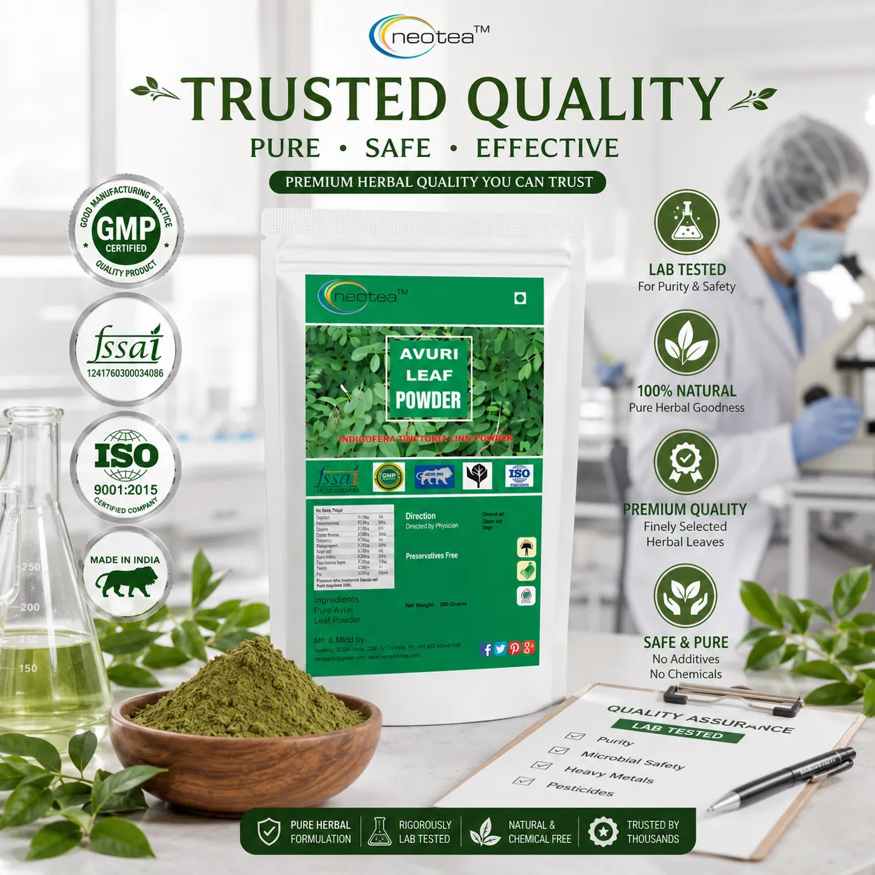 Avuri Ilai Powder | Indigofera Tinctoria Leaf Powder | 100% Natural Herbal Leaf Powder | Traditionally Used Ayurvedic Herb | Fine Ground Herbal Powder