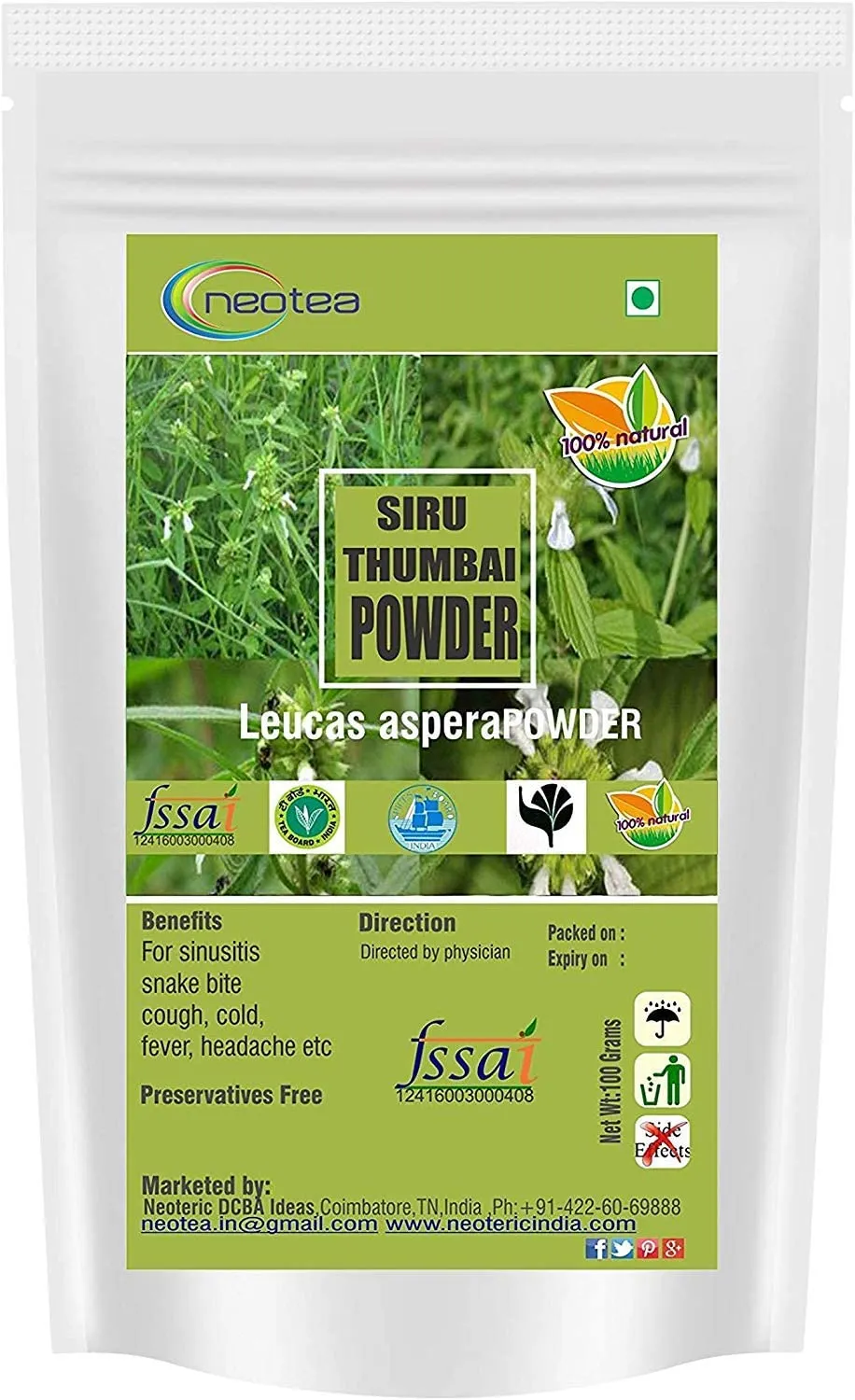 Siru Thumbai Powder | Leucas Aspera (Madhupati, Goma, Dronapushpi, Chota Halkusa) | Respiratory Health Support | Digestive Aid | Oral Care | Immune Booster | Natural Insect Repellent | Herbal Remedy | 100% Pure