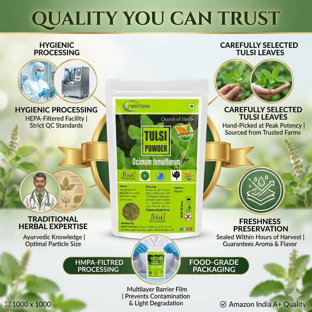 Tulsi Powder | 100% Natural Holy Basil Leaf Powder | Finely Ground Tulsi Leaves | Premium Herbal Powder for Traditional Preparations, Herbal Blends & Everyday Use