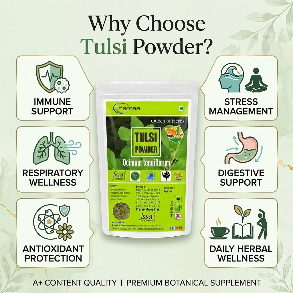 Tulsi Powder | 100% Natural Holy Basil Leaf Powder | Finely Ground Tulsi Leaves | Premium Herbal Powder for Traditional Preparations, Herbal Blends & Everyday Use