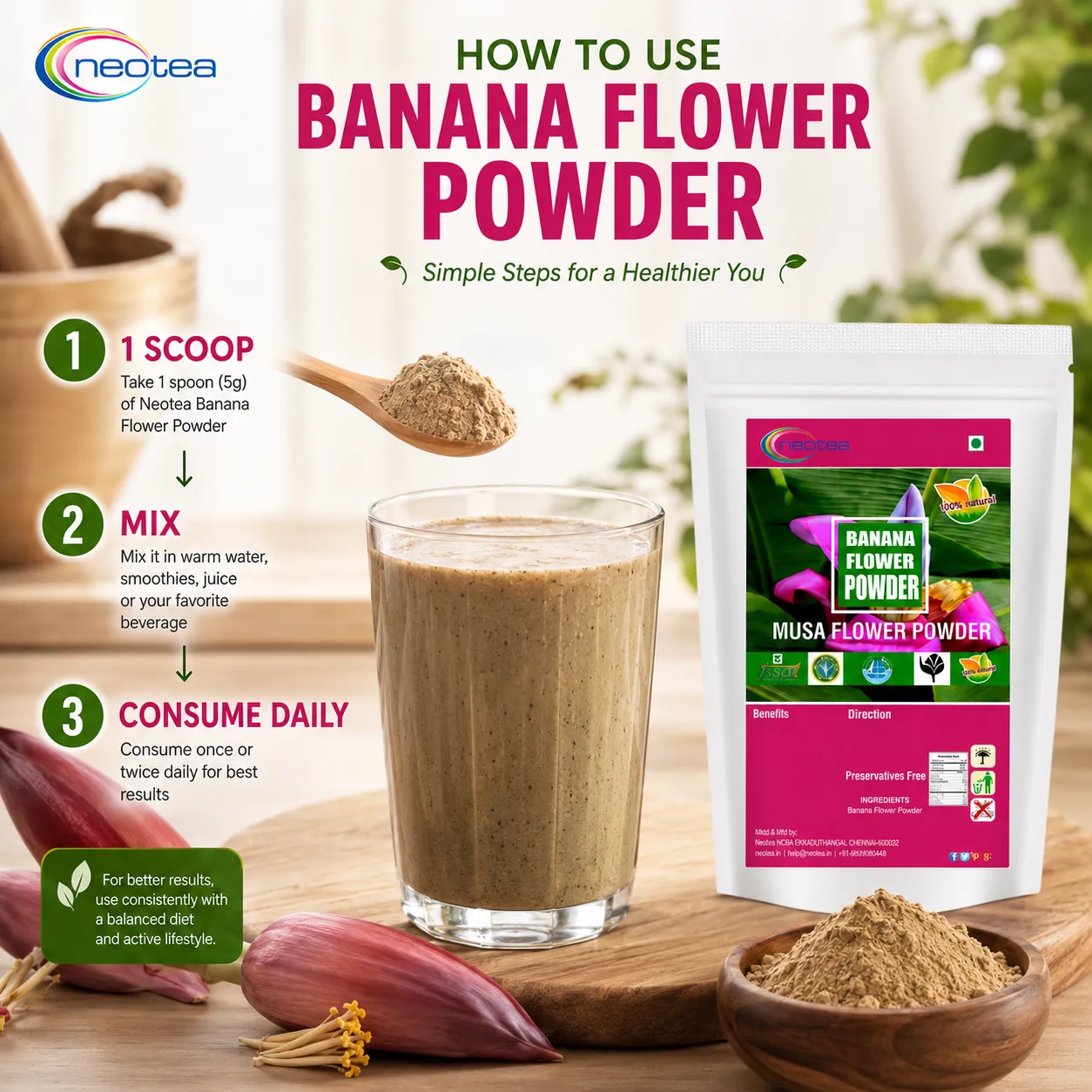 Banana Flower Powder 100% Natural Dried Banana Blossom Powder, Plant-Based Herbal Ingredient for Traditional Recipes, Smoothies & Daily Wellness