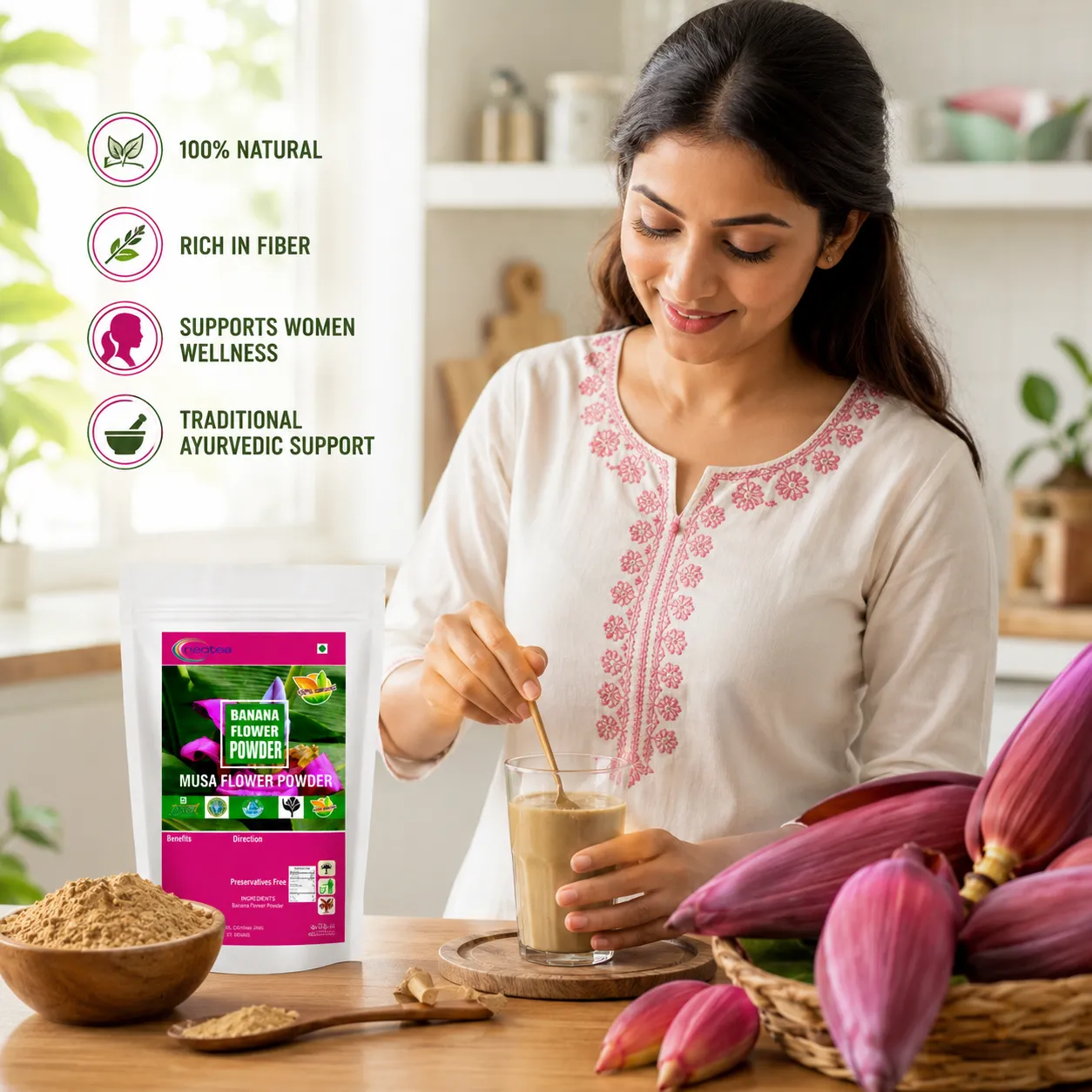 Banana Flower Powder 100% Natural Dried Banana Blossom Powder, Plant-Based Herbal Ingredient for Traditional Recipes, Smoothies & Daily Wellness