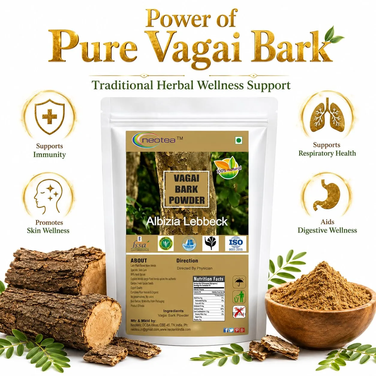 Vagai Bark Powder | Albizia Lebbeck Pattai | Ambuvagina Powder | Siridam, Sara, Padeli, Adri | Natural Ayurvedic Herbal Supplement | Supports Respiratory Health & Skin Care | 100% Pure & Organic