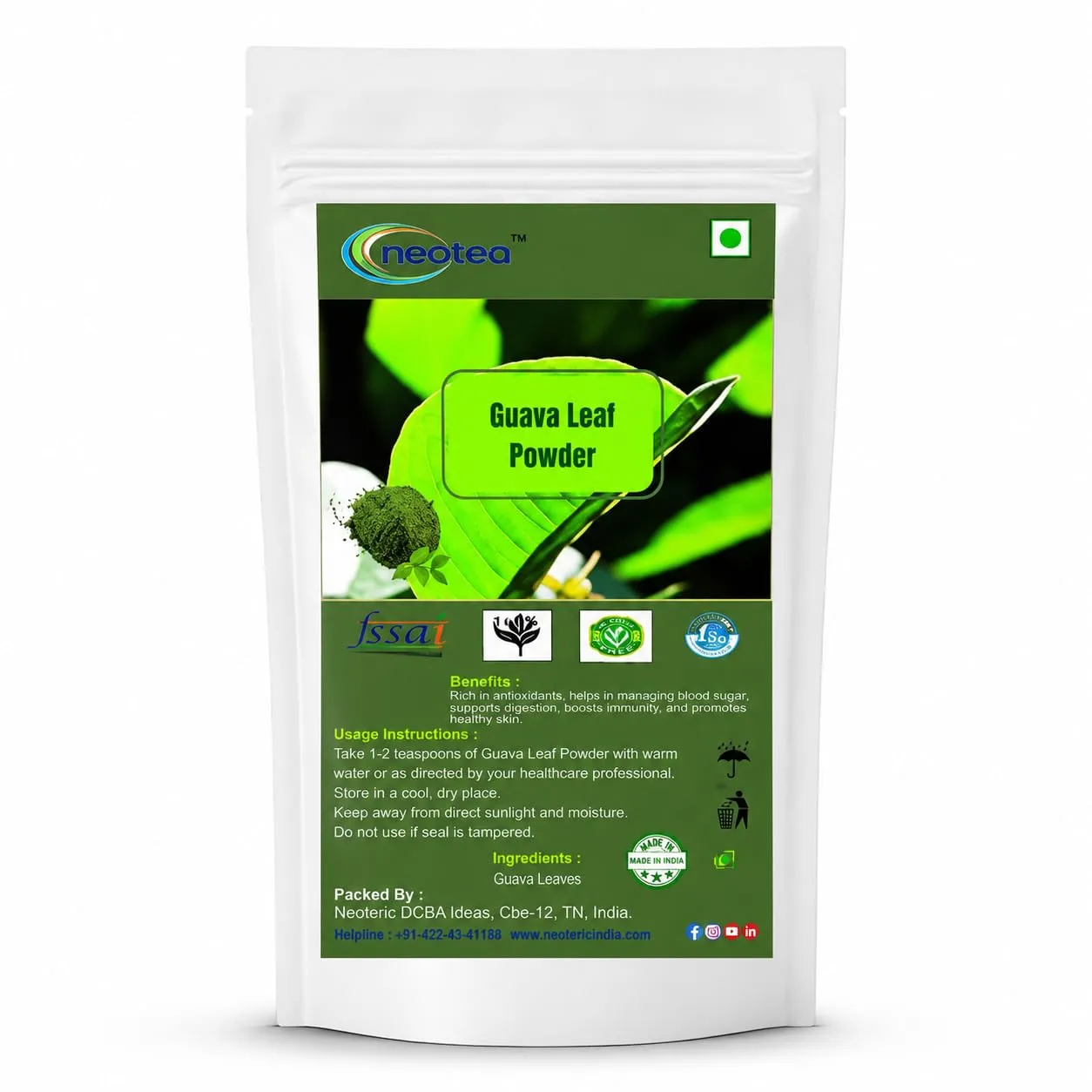 Guava Leaf Powder 100% Natural Dried Guava Leaves Powder, Finely Ground Herbal Leaf Powder, Traditionally Used Botanical Ingredient, No Artificial Colours or Preservatives