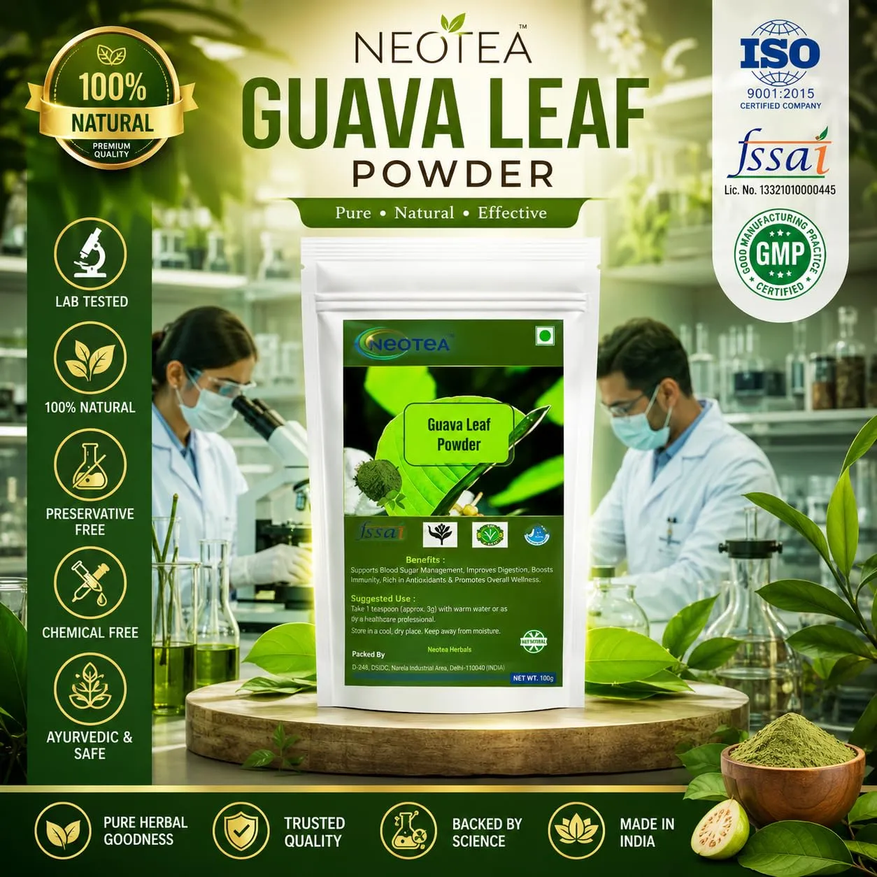 Guava Leaf Powder 100% Natural Dried Guava Leaves Powder, Finely Ground Herbal Leaf Powder, Traditionally Used Botanical Ingredient, No Artificial Colours or Preservatives