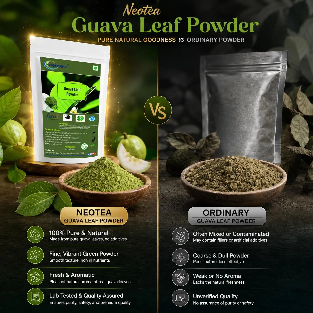 Guava Leaf Powder 100% Natural Dried Guava Leaves Powder, Finely Ground Herbal Leaf Powder, Traditionally Used Botanical Ingredient, No Artificial Colours or Preservatives