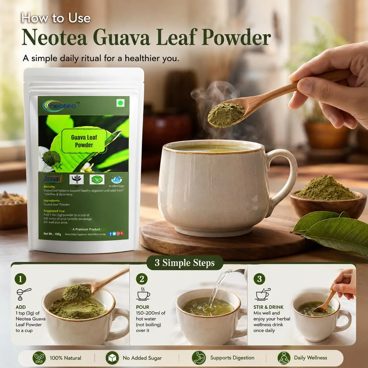 Guava Leaf Powder 100% Natural Dried Guava Leaves Powder, Finely Ground Herbal Leaf Powder, Traditionally Used Botanical Ingredient, No Artificial Colours or Preservatives