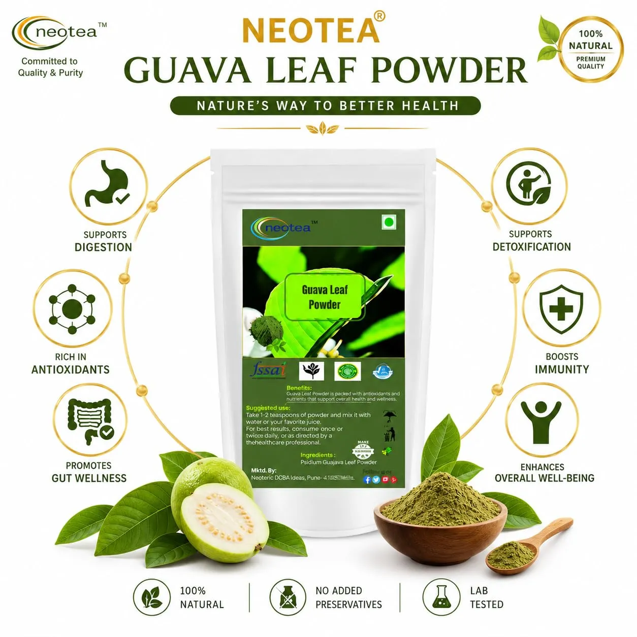 Guava Leaf Powder 100% Natural Dried Guava Leaves Powder, Finely Ground Herbal Leaf Powder, Traditionally Used Botanical Ingredient, No Artificial Colours or Preservatives