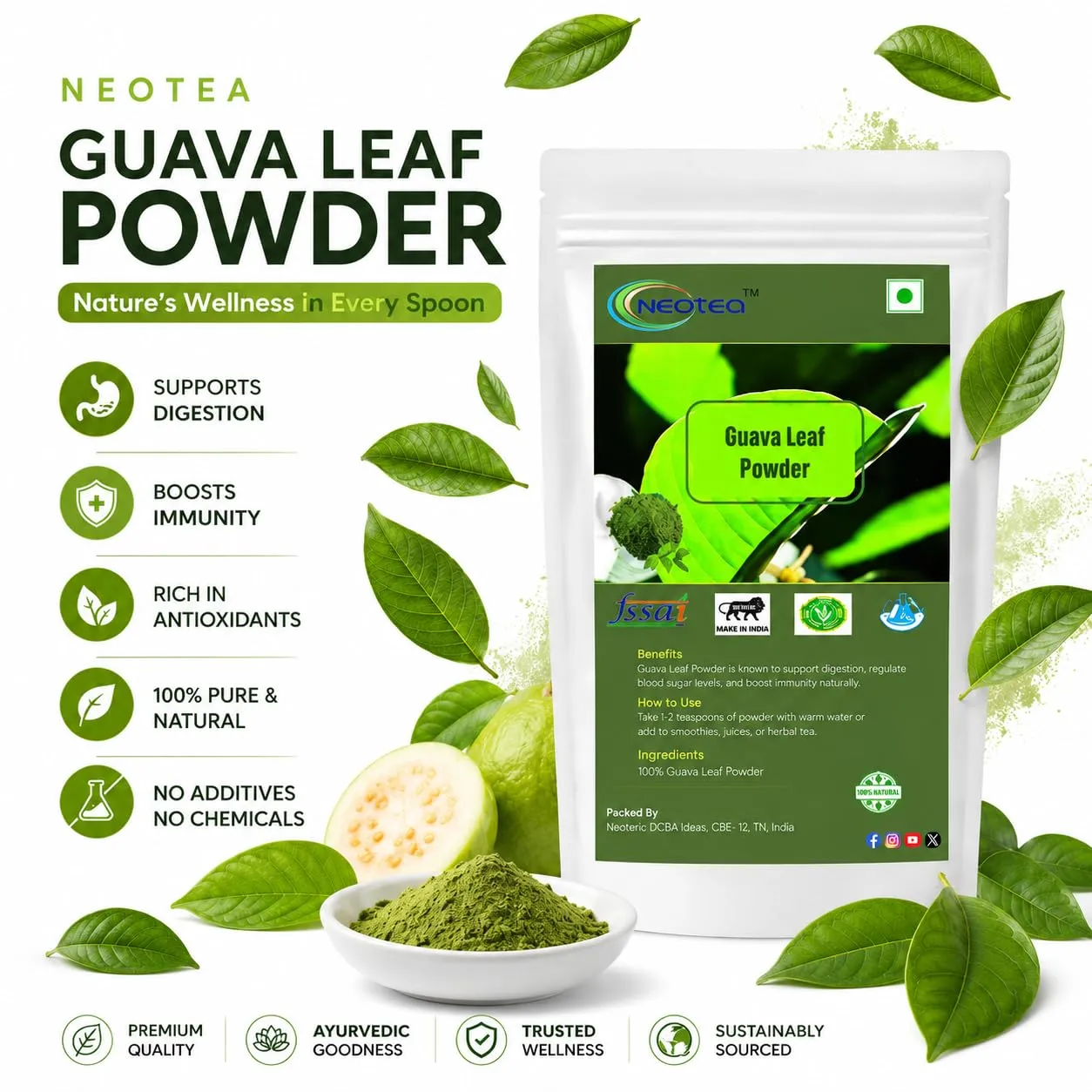 Guava Leaf Powder 100% Natural Dried Guava Leaves Powder, Finely Ground Herbal Leaf Powder, Traditionally Used Botanical Ingredient, No Artificial Colours or Preservatives