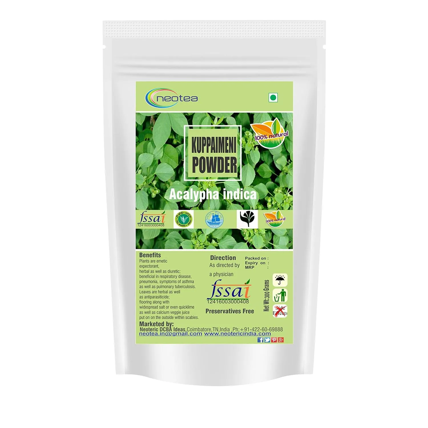 Indian Acalypha Indica | Kuppaimeni Leaf Powder 300 GM | Ayurveda Herbal Skin & Hair Care | 100% Natural & Chemical-Free | Helps in Skin Allergy, Pimples, and Detox | Pure Indian Nettle Powder