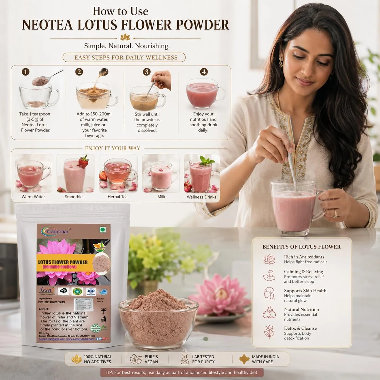 Lotus Flower Petal Powder | Kamal Phool Thamarai Poo | Nelumbo Nucifera | 100% Pure & Natural for Face, Skin & Hair | Hygienically Processed | Herbal Hair Care & Skin Care Solution
