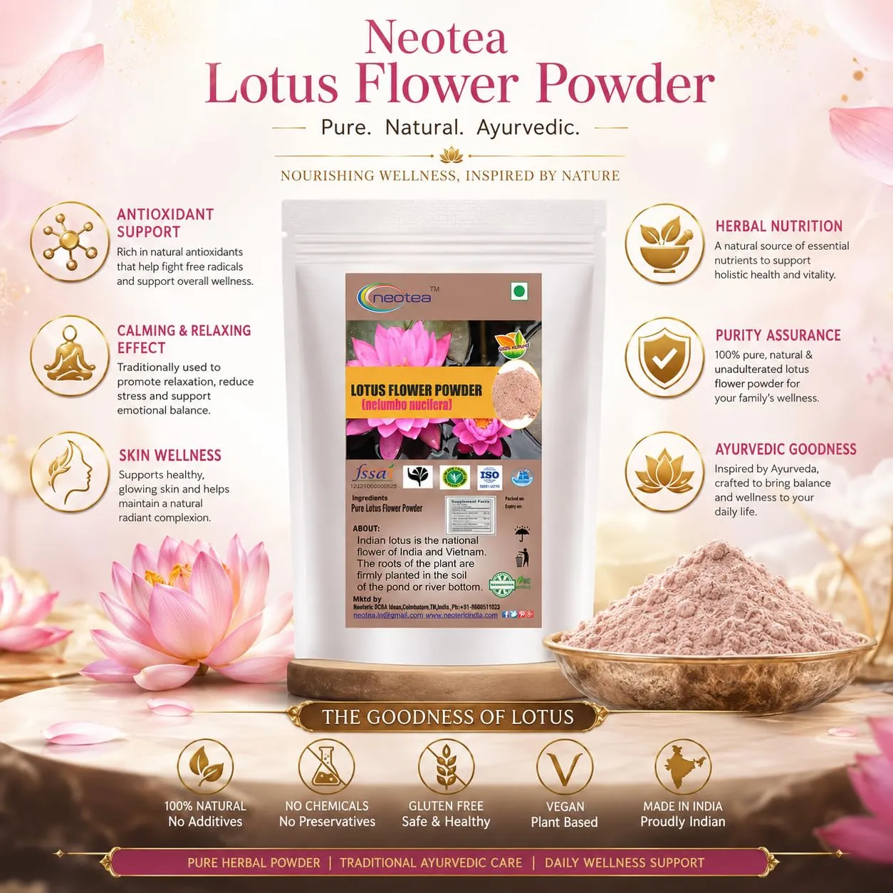 Lotus Flower Petal Powder | Kamal Phool Thamarai Poo | Nelumbo Nucifera | 100% Pure & Natural for Face, Skin & Hair | Hygienically Processed | Herbal Hair Care & Skin Care Solution