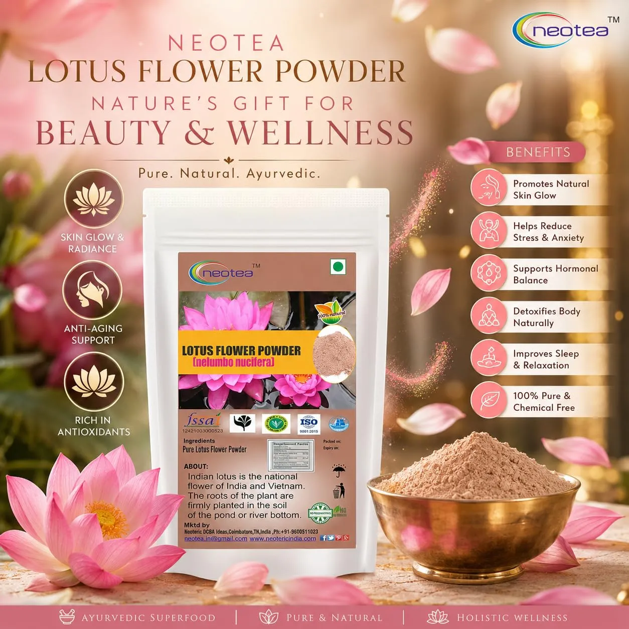 Lotus Flower Petal Powder | Kamal Phool Thamarai Poo | Nelumbo Nucifera | 100% Pure & Natural for Face, Skin & Hair | Hygienically Processed | Herbal Hair Care & Skin Care Solution