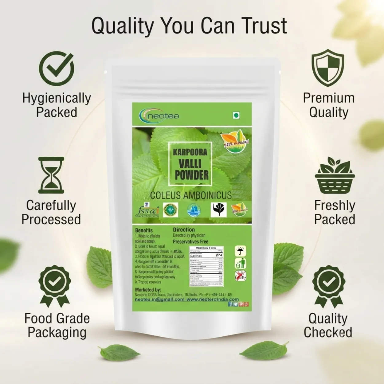Karpooravalli Powder 100% Natural Indian Herb Powder | Country Borage / Indian Oregano | Traditional Herbal Wellness Ingredient | Pure Plant-Based Powder