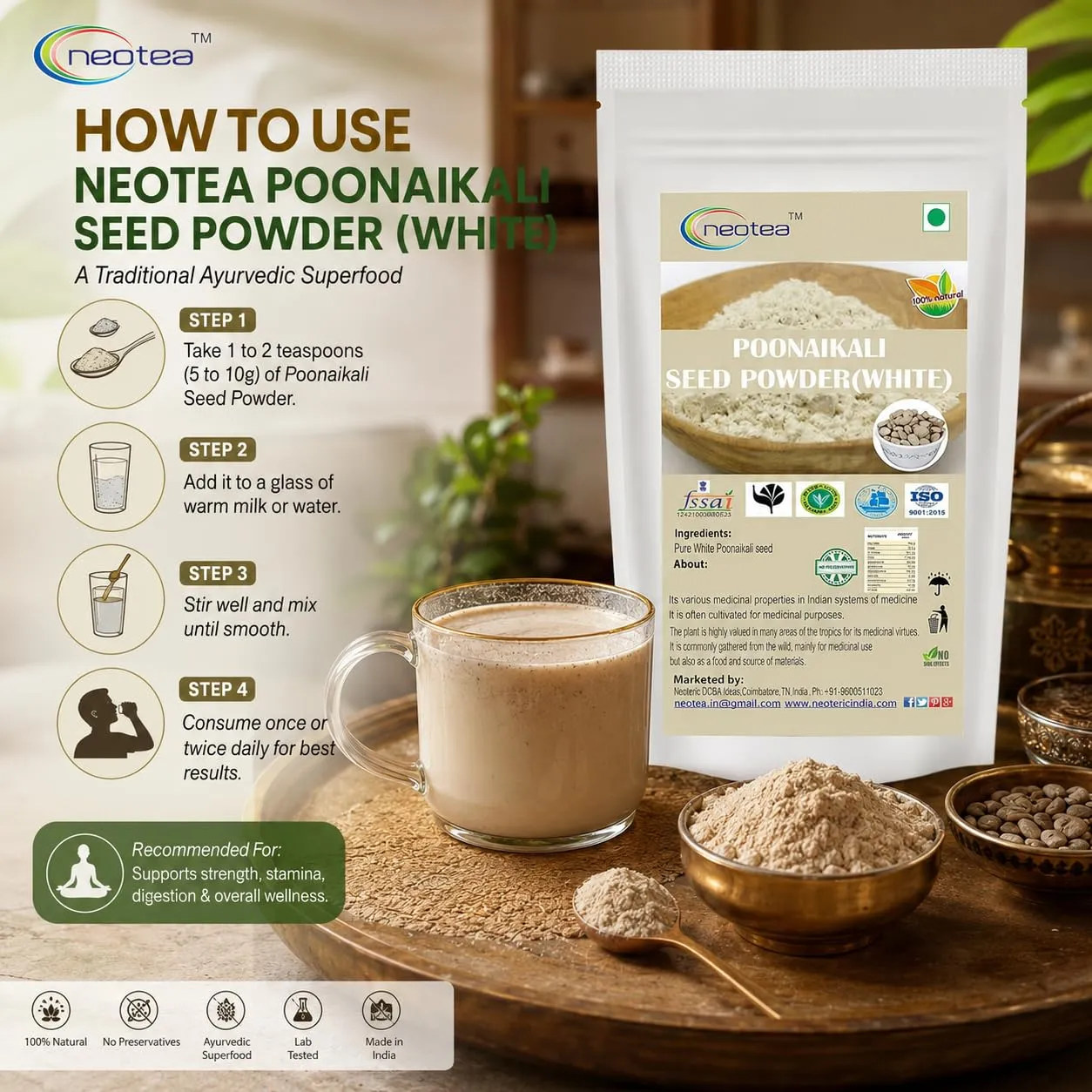 Poonaikali Seed White Powder | Mucuna Pruriens Velvet Bean Powder | Kaunch, Kapikachhu, Dulagondi, Naikkuram (White) | Natural Herbal Supplement for Stamina, Vitality & Reproductive Health | 100% Pure & Chemical-Free
