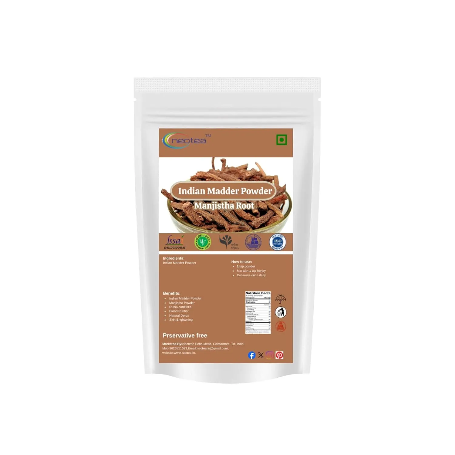 Indian Mader Powder | 100% Natural Indian Mader Root Powder | Finely Ground Herbal Powder for Traditional & Everyday Use | Carefully Processed & Packed