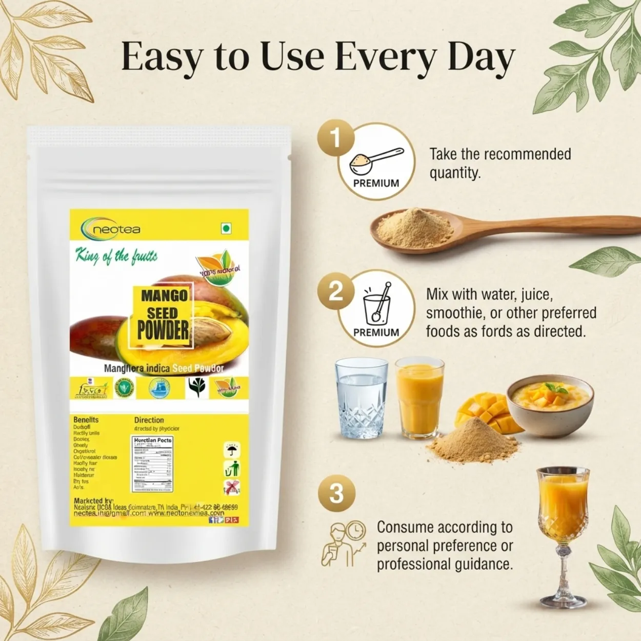 Mango Seed Powder 100% Natural & Pure, Dried Mango Kernel Powder, Traditional Herbal Ingredient for Daily Wellness, Smoothies, Drinks & Home Use