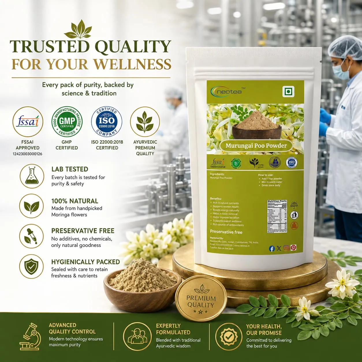 Murungai Poo Powder | Moringa Flower Powder | 100% Natural Dried Drumstick Flower Powder | Finely Ground Herbal Ingredient for Traditional Recipes, Food & Daily Use