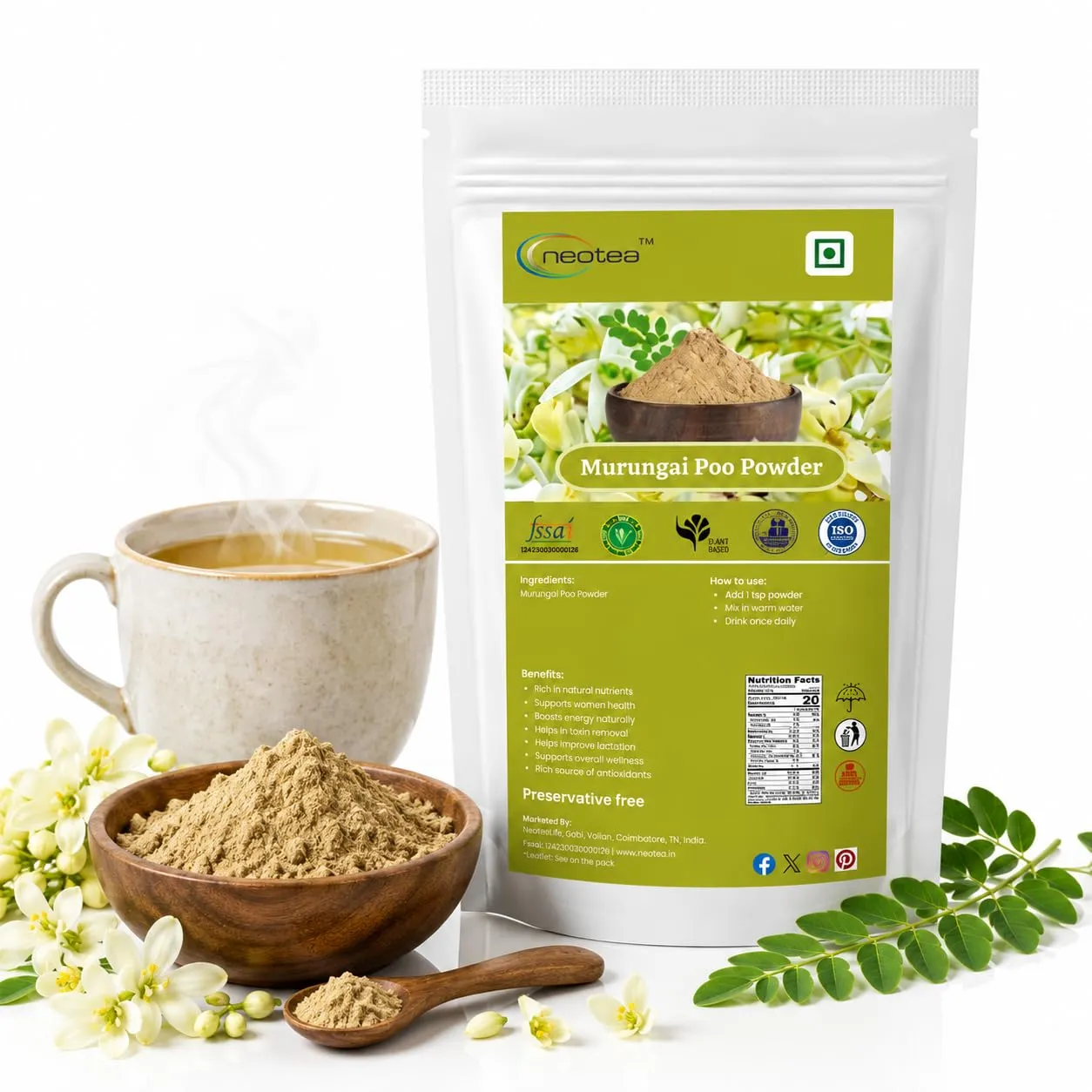 Murungai Poo Powder | Moringa Flower Powder | 100% Natural Dried Drumstick Flower Powder | Finely Ground Herbal Ingredient for Traditional Recipes, Food & Daily Use