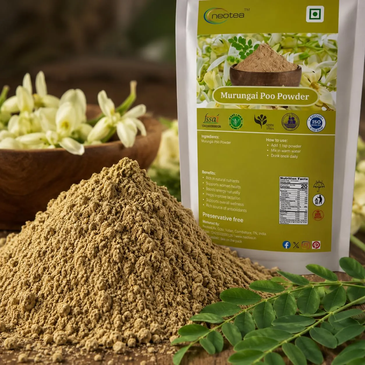 Murungai Poo Powder | Moringa Flower Powder | 100% Natural Dried Drumstick Flower Powder | Finely Ground Herbal Ingredient for Traditional Recipes, Food & Daily Use