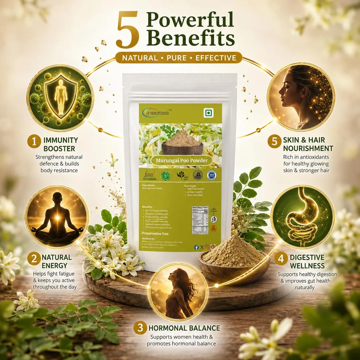 Murungai Poo Powder | Moringa Flower Powder | 100% Natural Dried Drumstick Flower Powder | Finely Ground Herbal Ingredient for Traditional Recipes, Food & Daily Use