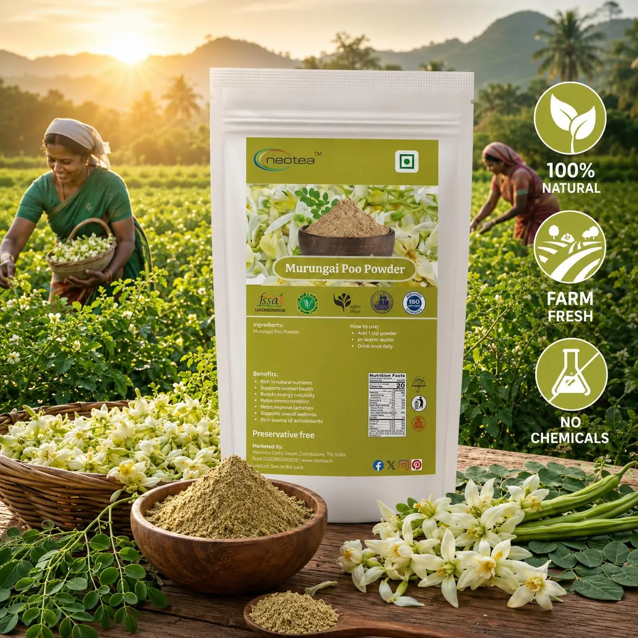Murungai Poo Powder | Moringa Flower Powder | 100% Natural Dried Drumstick Flower Powder | Finely Ground Herbal Ingredient for Traditional Recipes, Food & Daily Use