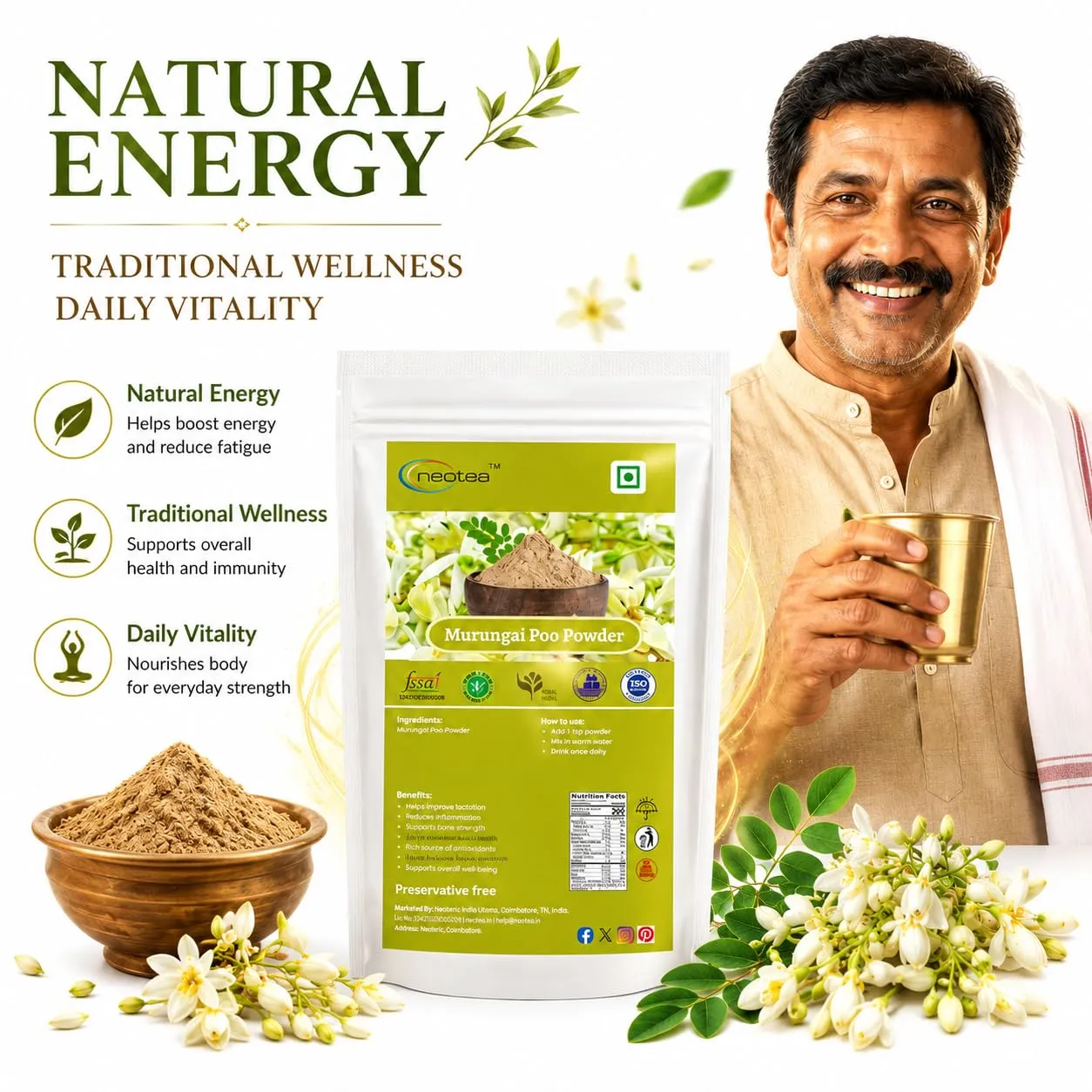 Murungai Poo Powder | Moringa Flower Powder | 100% Natural Dried Drumstick Flower Powder | Finely Ground Herbal Ingredient for Traditional Recipes, Food & Daily Use