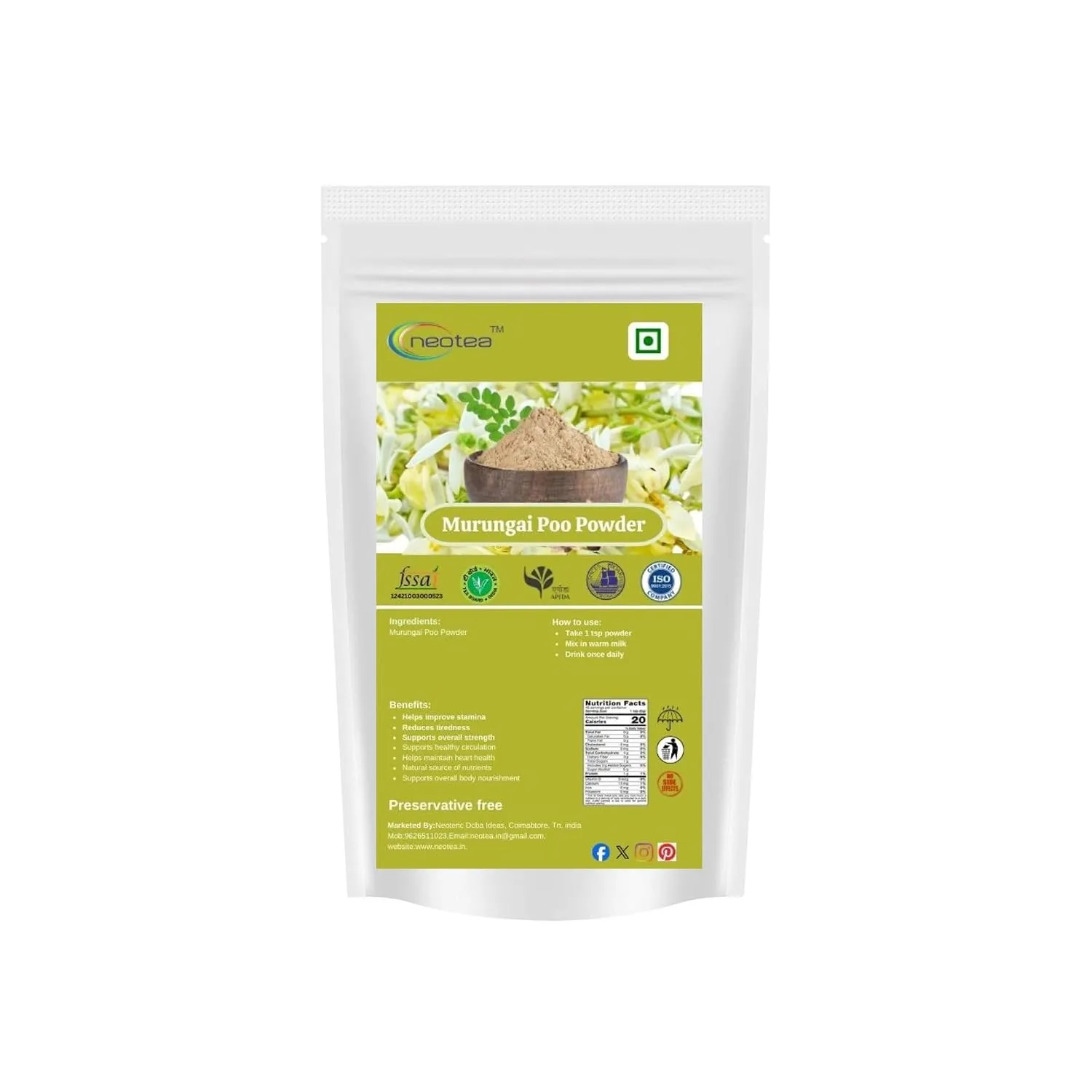 Murungai Poo Powder | Moringa Flower Powder | 100% Natural Dried Drumstick Flower Powder | Finely Ground Herbal Ingredient for Traditional Recipes, Food & Daily Use