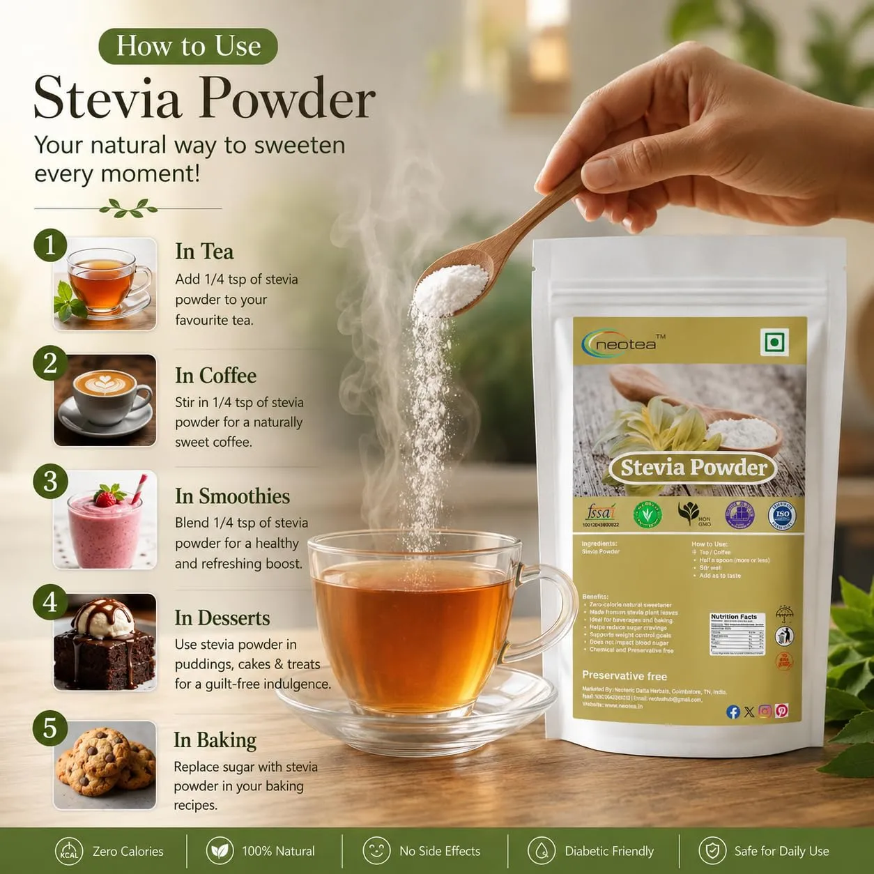 Stevia Powder Natural Sweetener, Plant-Based Sweetening Ingredient, Finely Ground Stevia Leaf Powder for Tea, Coffee, Beverages, Desserts & Everyday Food Preparation, 100% Natural