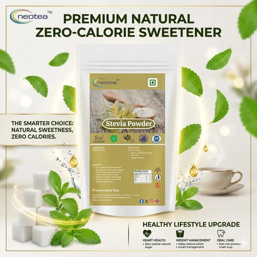 Stevia Powder Natural Sweetener, Plant-Based Sweetening Ingredient, Finely Ground Stevia Leaf Powder for Tea, Coffee, Beverages, Desserts & Everyday Food Preparation, 100% Natural