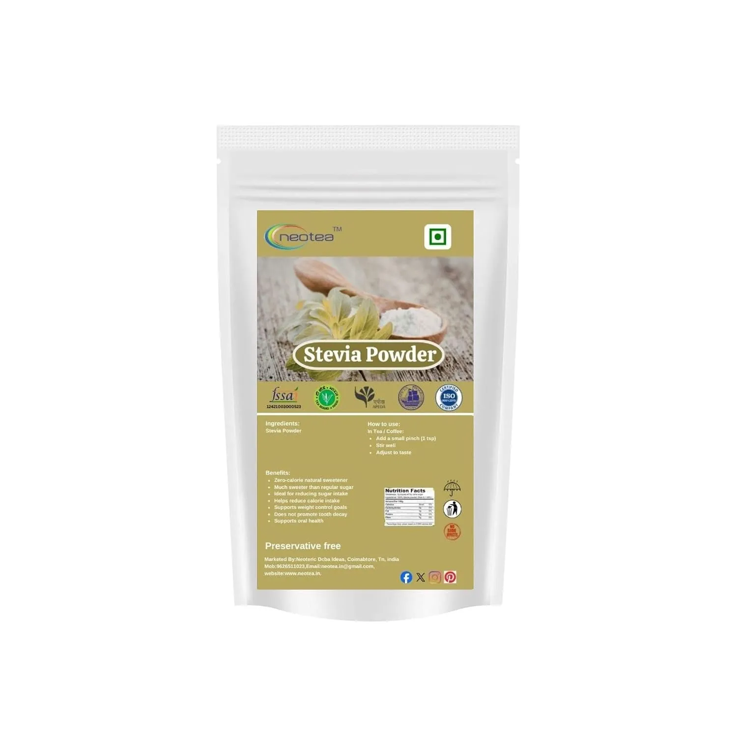 Stevia Powder Natural Sweetener, Plant-Based Sweetening Ingredient, Finely Ground Stevia Leaf Powder for Tea, Coffee, Beverages, Desserts & Everyday Food Preparation, 100% Natural