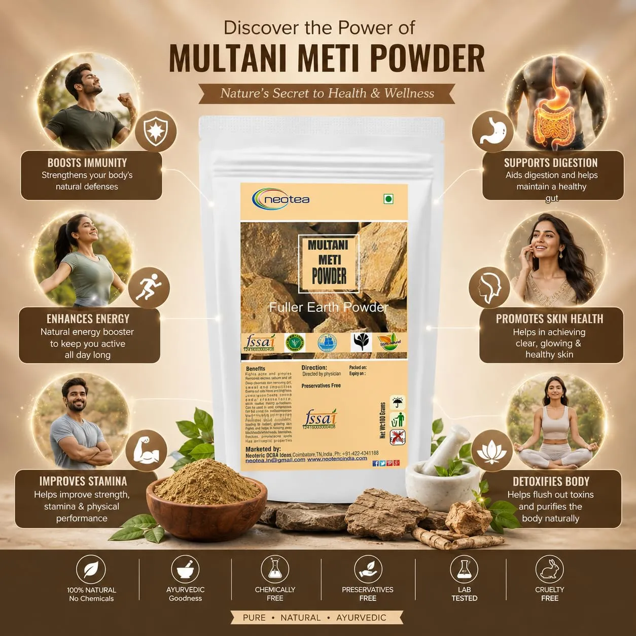 Multani Mitti Powder for Face & Skin | Natural Fuller’s Earth Clay | Deep Cleansing & Oil Absorbing Face Pack | DIY Skincare & Beauty Care | 100% Pure