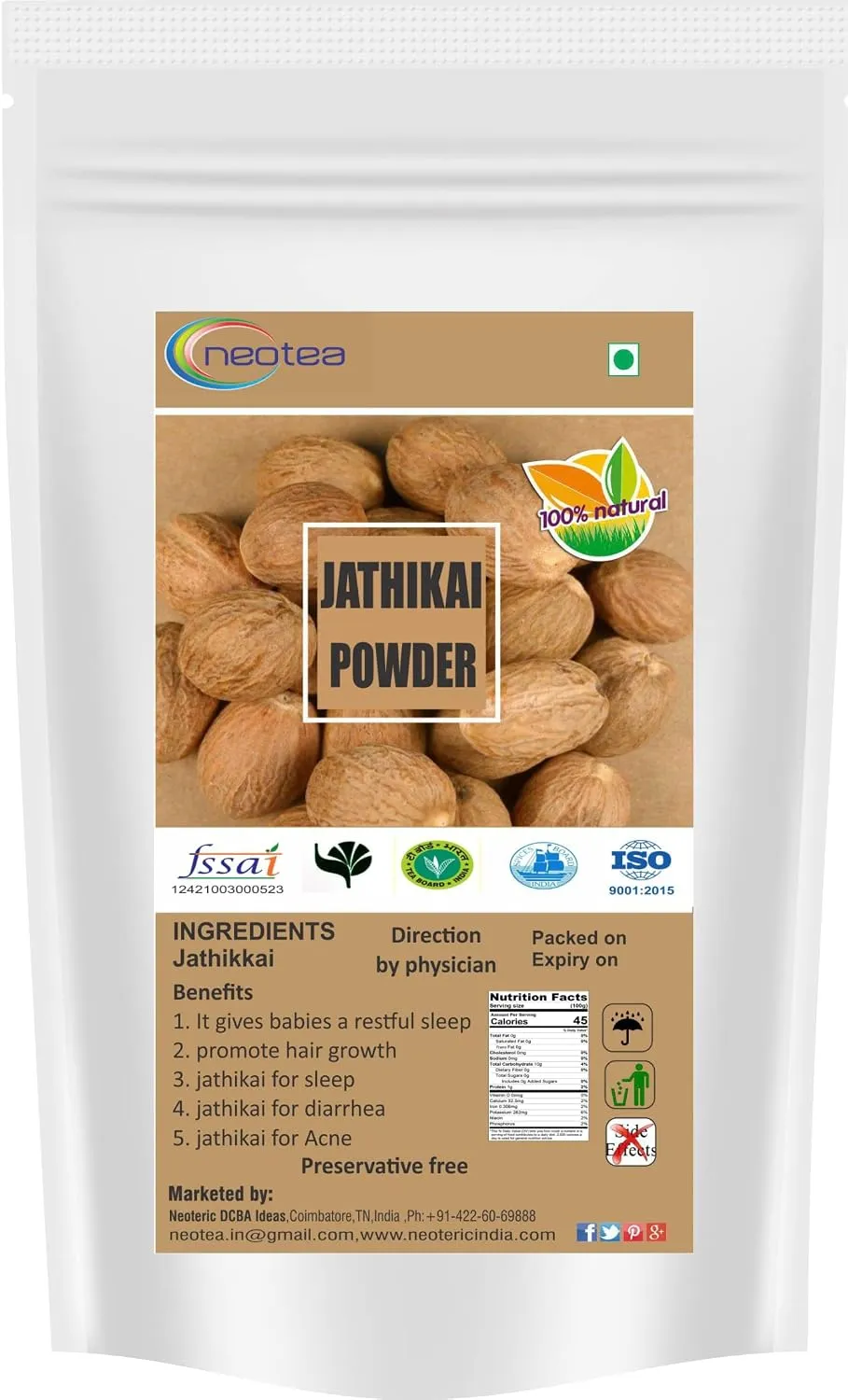Nutmeg Powder | Ground Jaiphal | Farm Fresh & Organically Grown Jathikka | Pure & Natural Jathikai Powder | Premium Grade Quality | Zero Added Colors, Fillers, Additives, or Preservatives | Freshly Packed