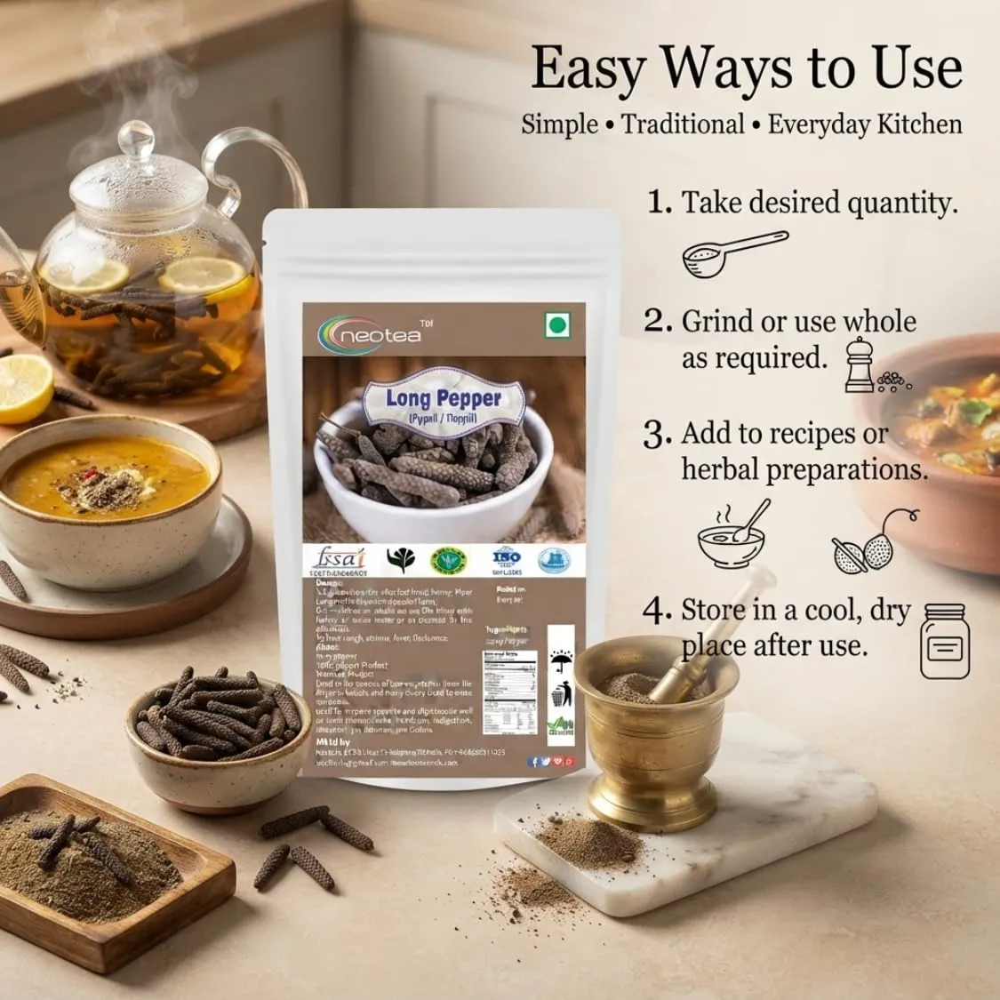 Long Pepper (Pippali) Powder | Piper Longum | 100% Natural Herbal Spice | Traditionally Used Indian Spice | Aromatic & Flavorful Ingredient for Cooking, Beverages & Homemade Preparations