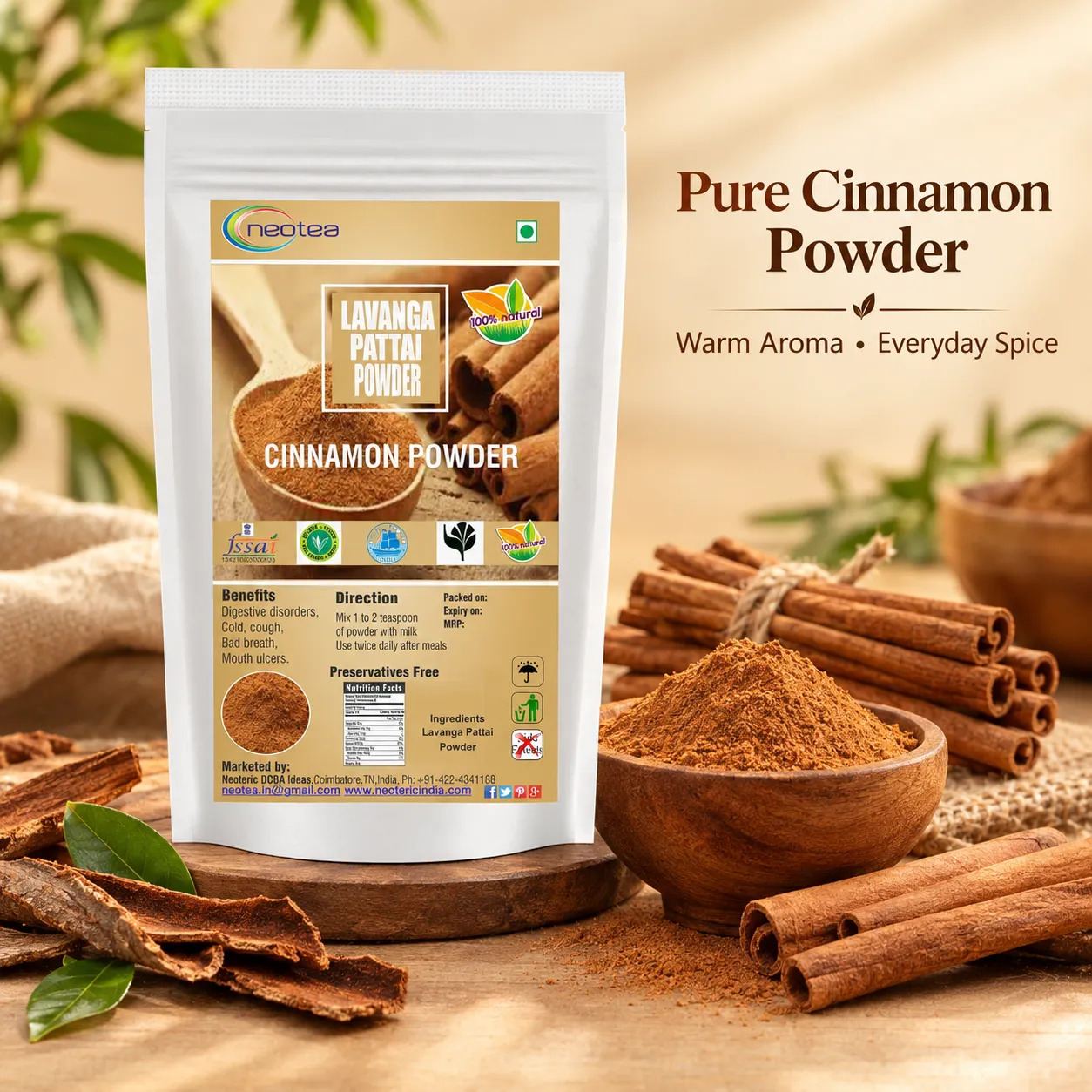 Cinnamon Powder 100% Natural Dalchini Powder | Pure Ceylon Cinnamon Spice for Tea, Cooking, Baking & Wellness | Aromatic Cinnamon Powder for Daily Use