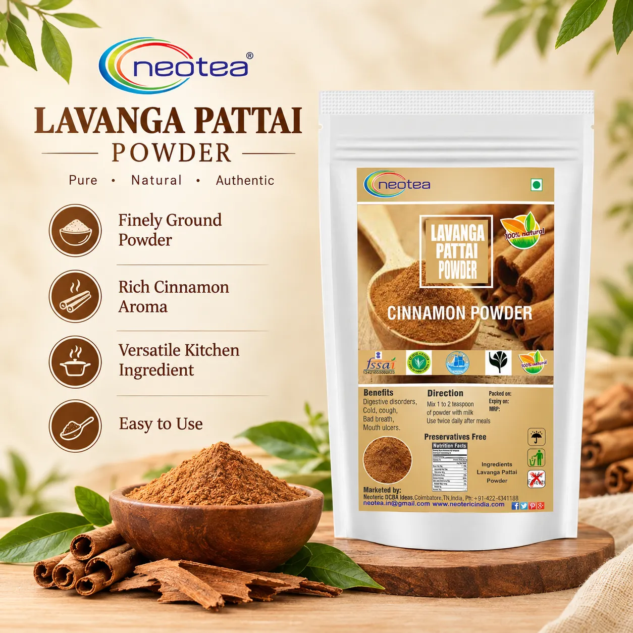 Cinnamon Powder 100% Natural Dalchini Powder | Pure Ceylon Cinnamon Spice for Tea, Cooking, Baking & Wellness | Aromatic Cinnamon Powder for Daily Use