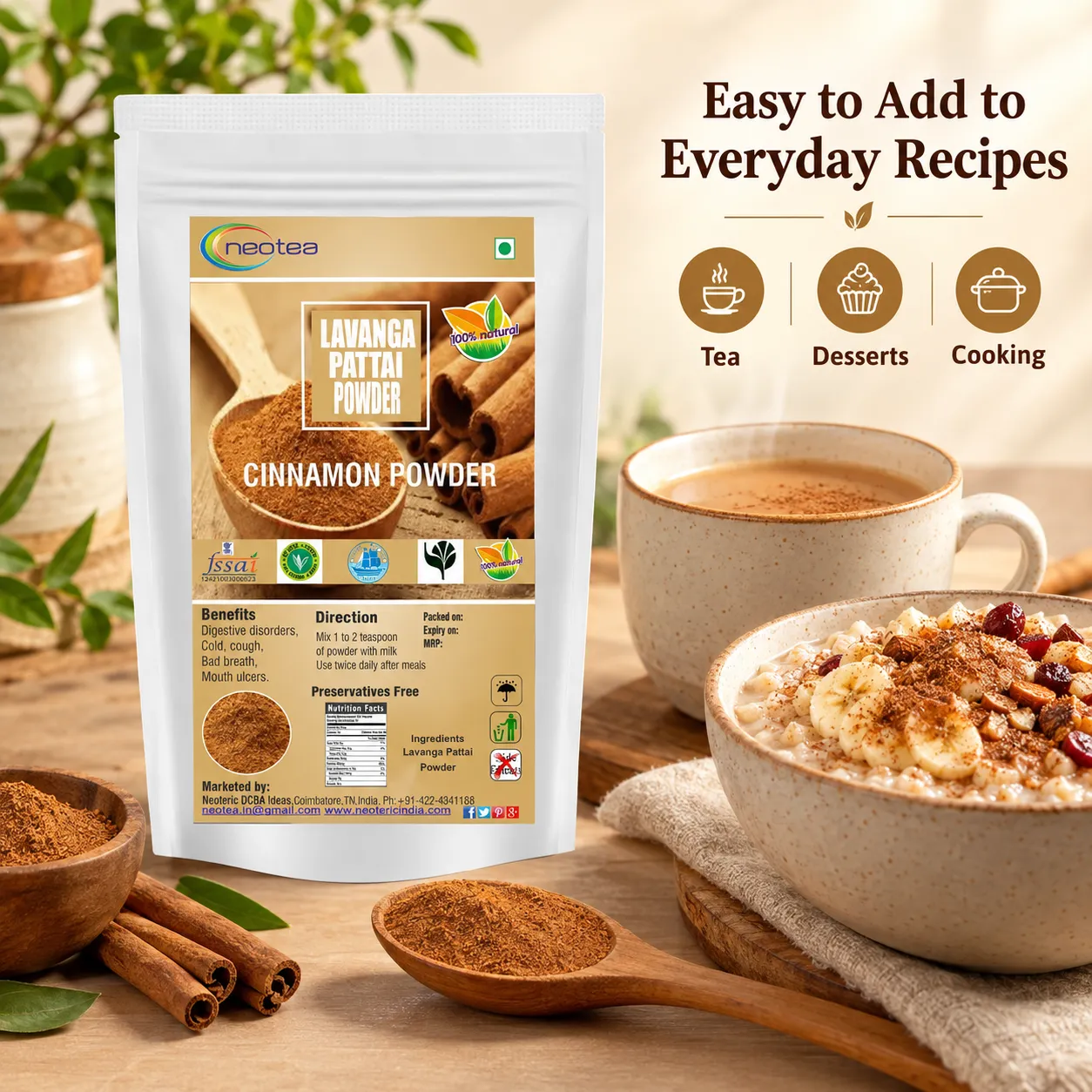 Cinnamon Powder 100% Natural Dalchini Powder | Pure Ceylon Cinnamon Spice for Tea, Cooking, Baking & Wellness | Aromatic Cinnamon Powder for Daily Use